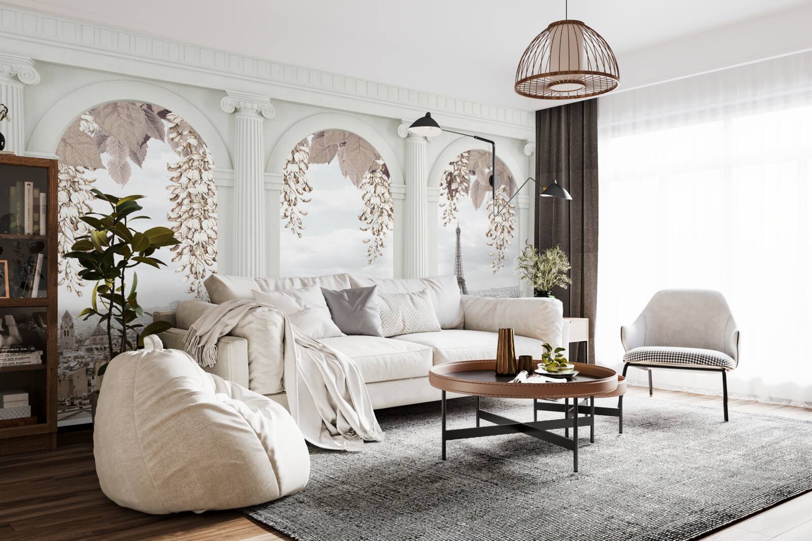 Papier peint arches florales avec vue imprenable sur paris