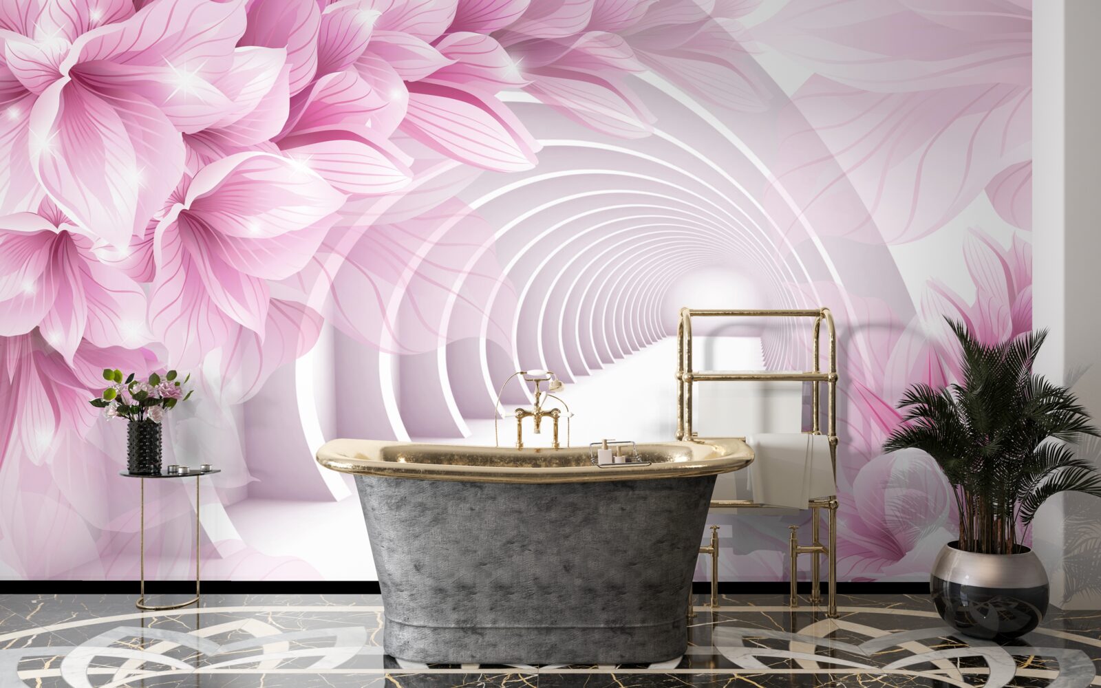 Papier peint fleurs roses et tunnel abstrait