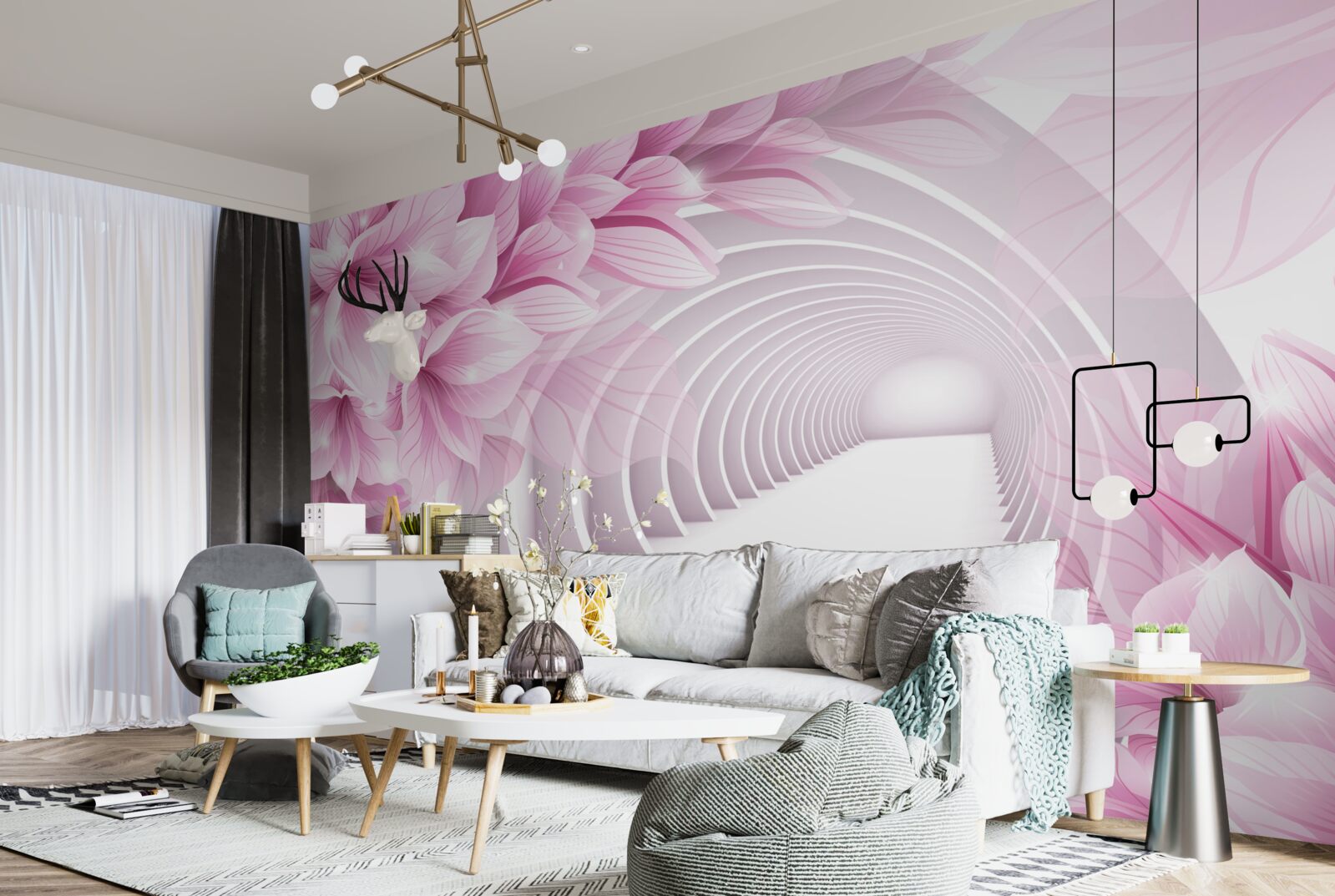 Papier peint fleurs roses et tunnel abstrait