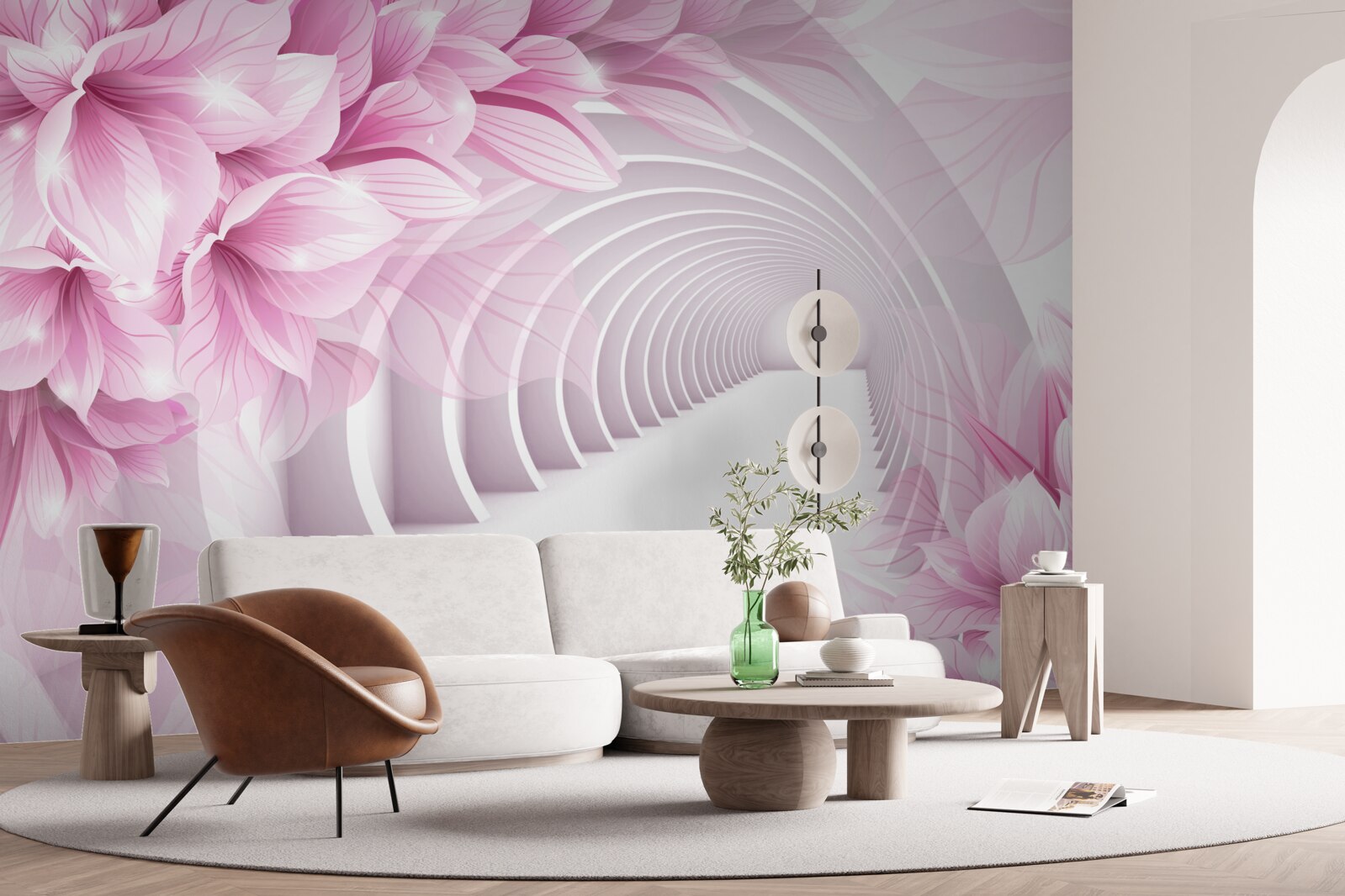 Papier peint fleurs roses et tunnel abstrait