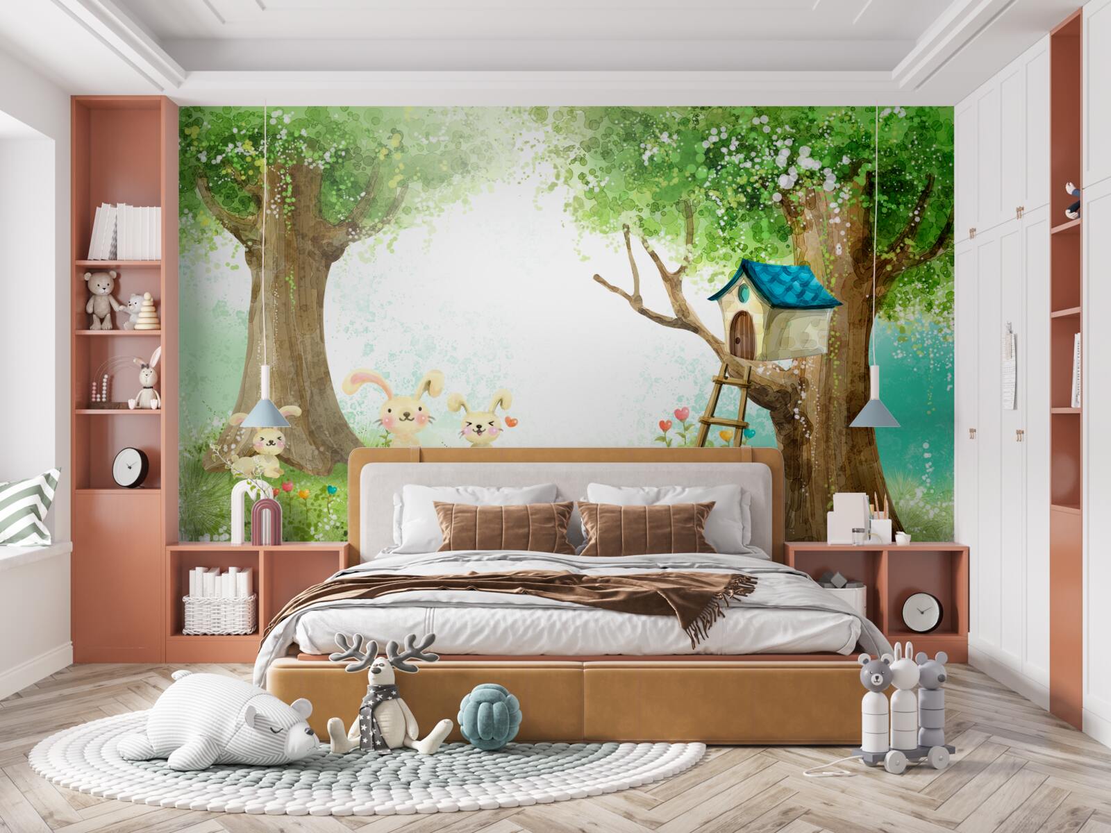 Papier peint les lapins dans leur maison forestière