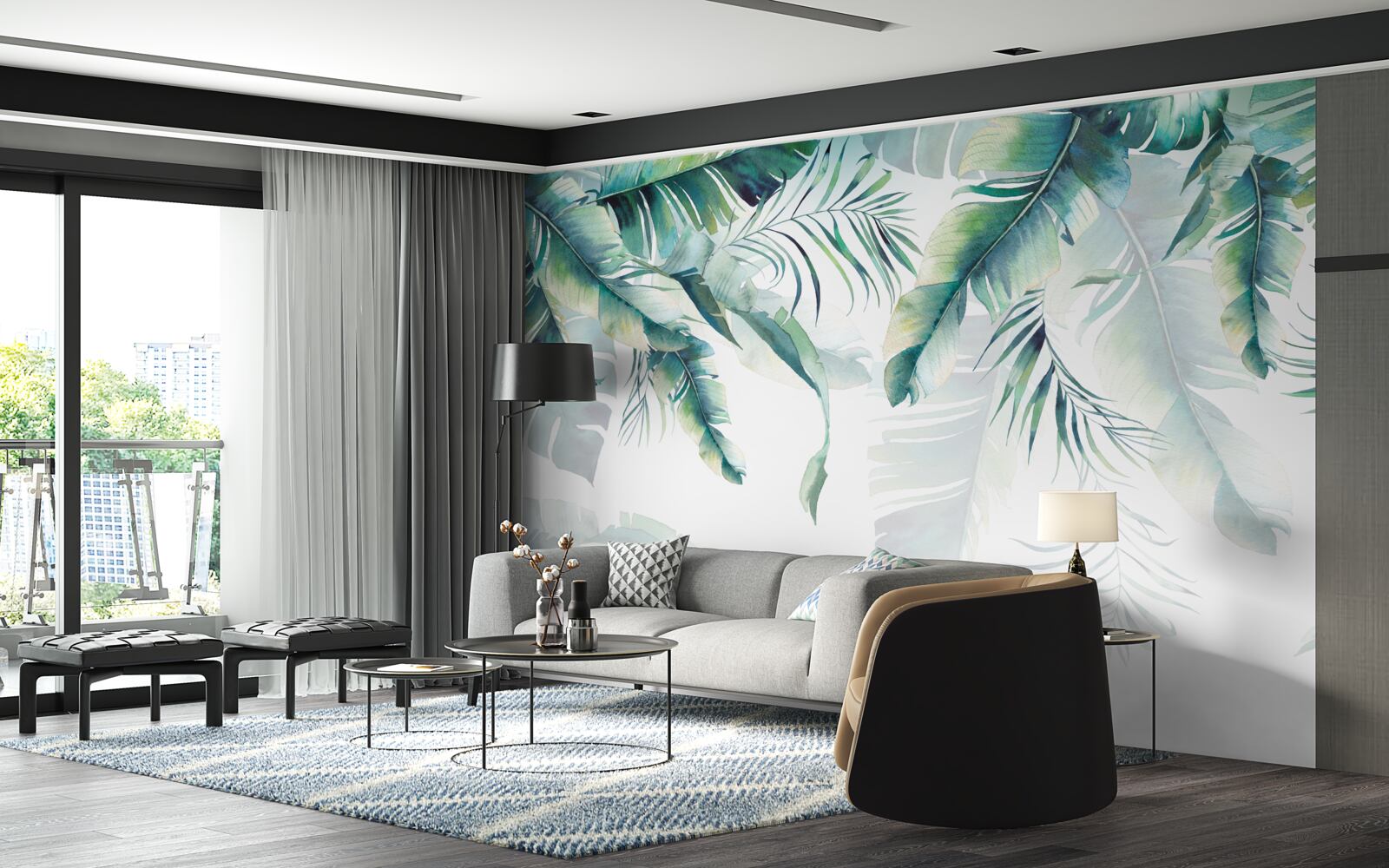 Papier peint feuilles vertes tropicales