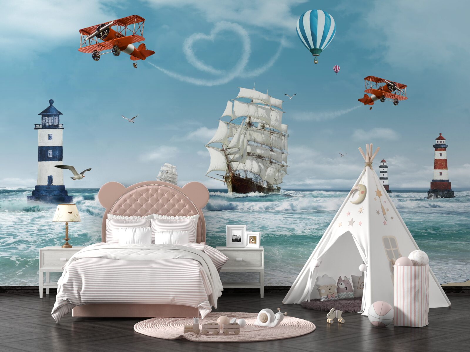 Papier peint avions et phares en arrière-plan, sur lesquels se détache le brigantin
