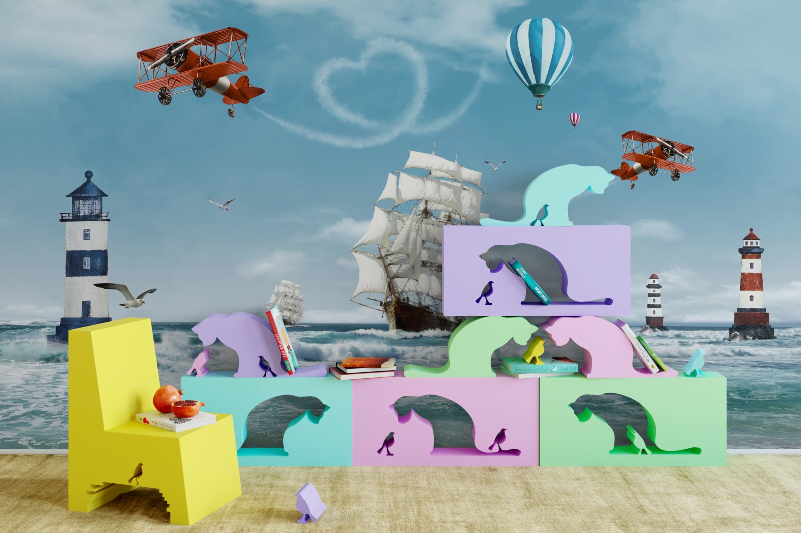 Papier peint avions et phares en arrière-plan, sur lesquels se détache le brigantin