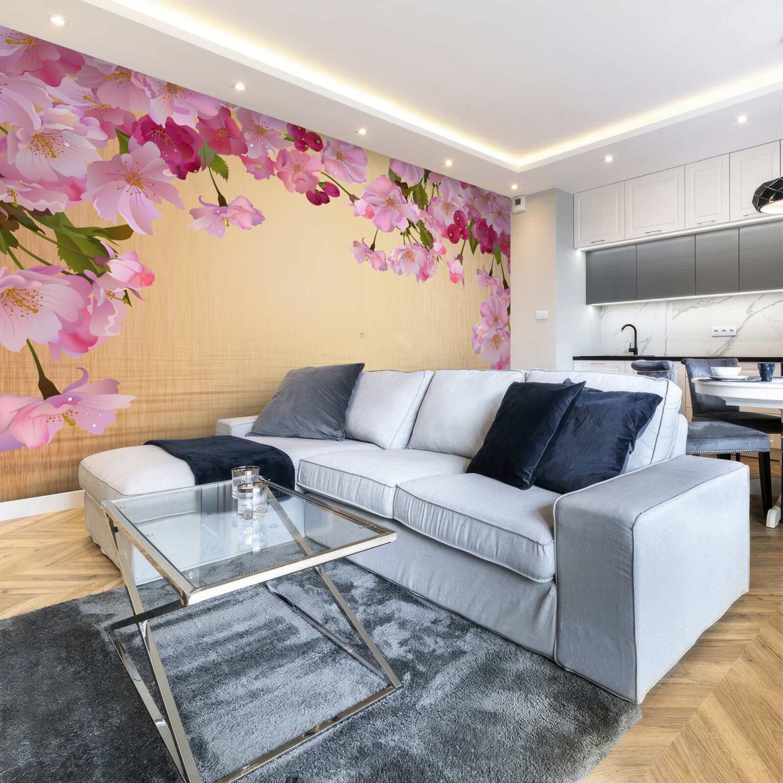 Papier peint de l'eau sous des fleurs roses luxuriantes