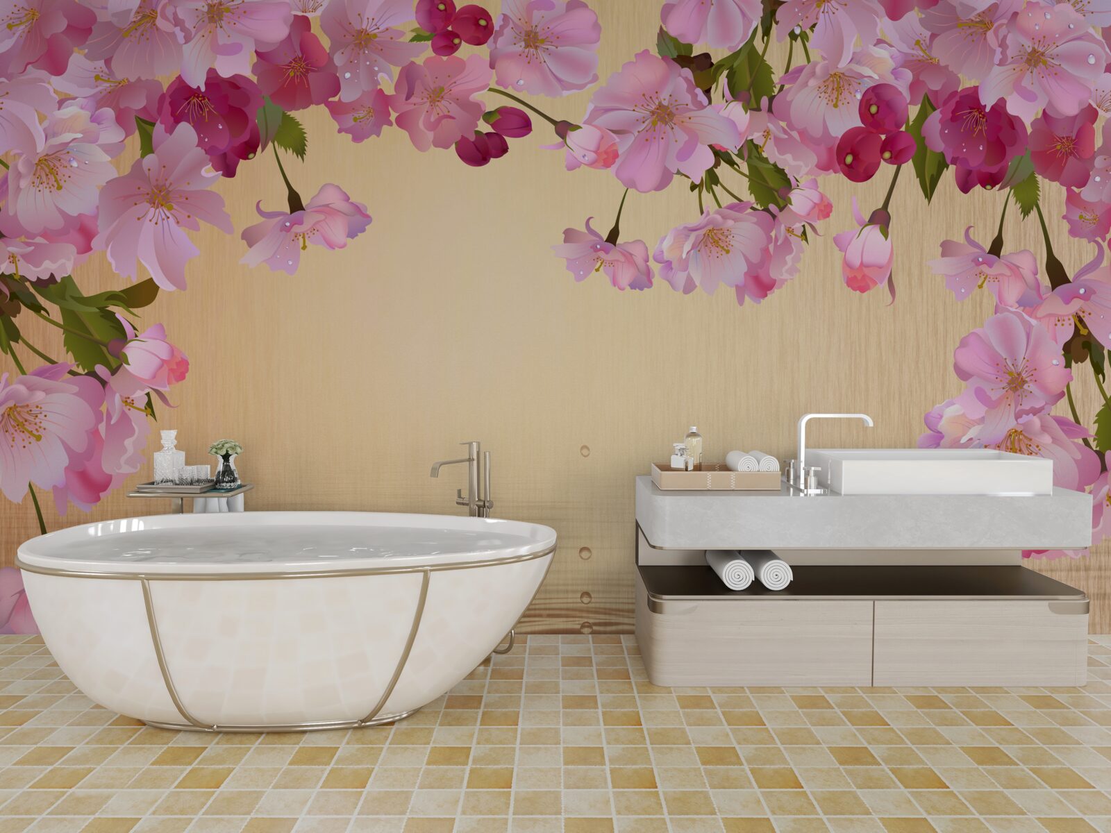 Papier peint de l'eau sous des fleurs roses luxuriantes