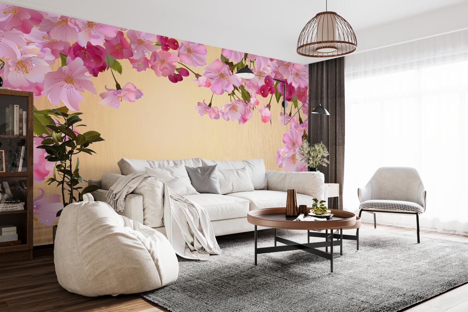 Papier peint de l'eau sous des fleurs roses luxuriantes