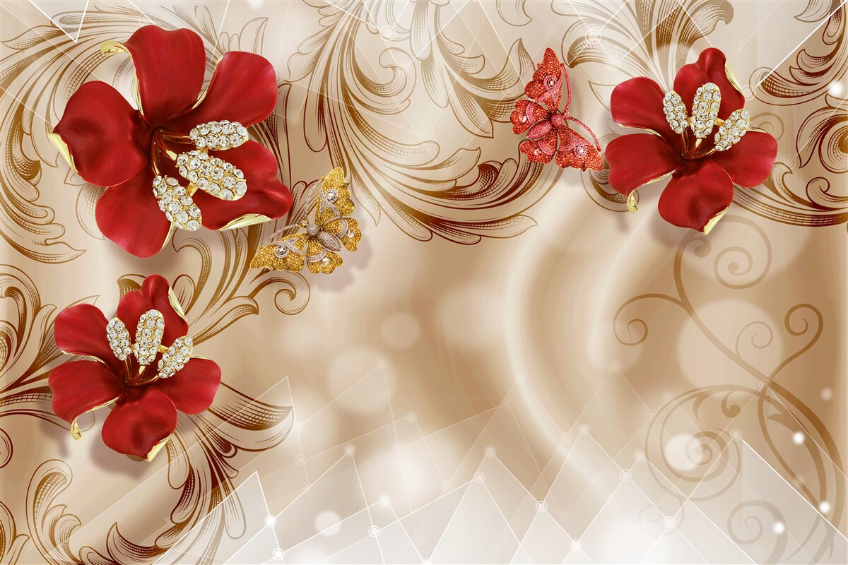 Papier peint des branches dorées et des lys rouges