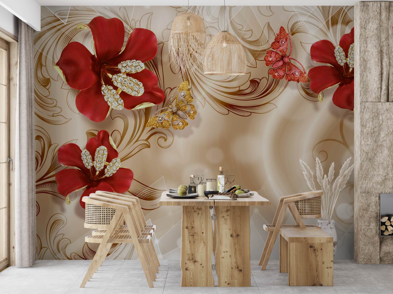 Papier peint des branches dorées et des lys rouges