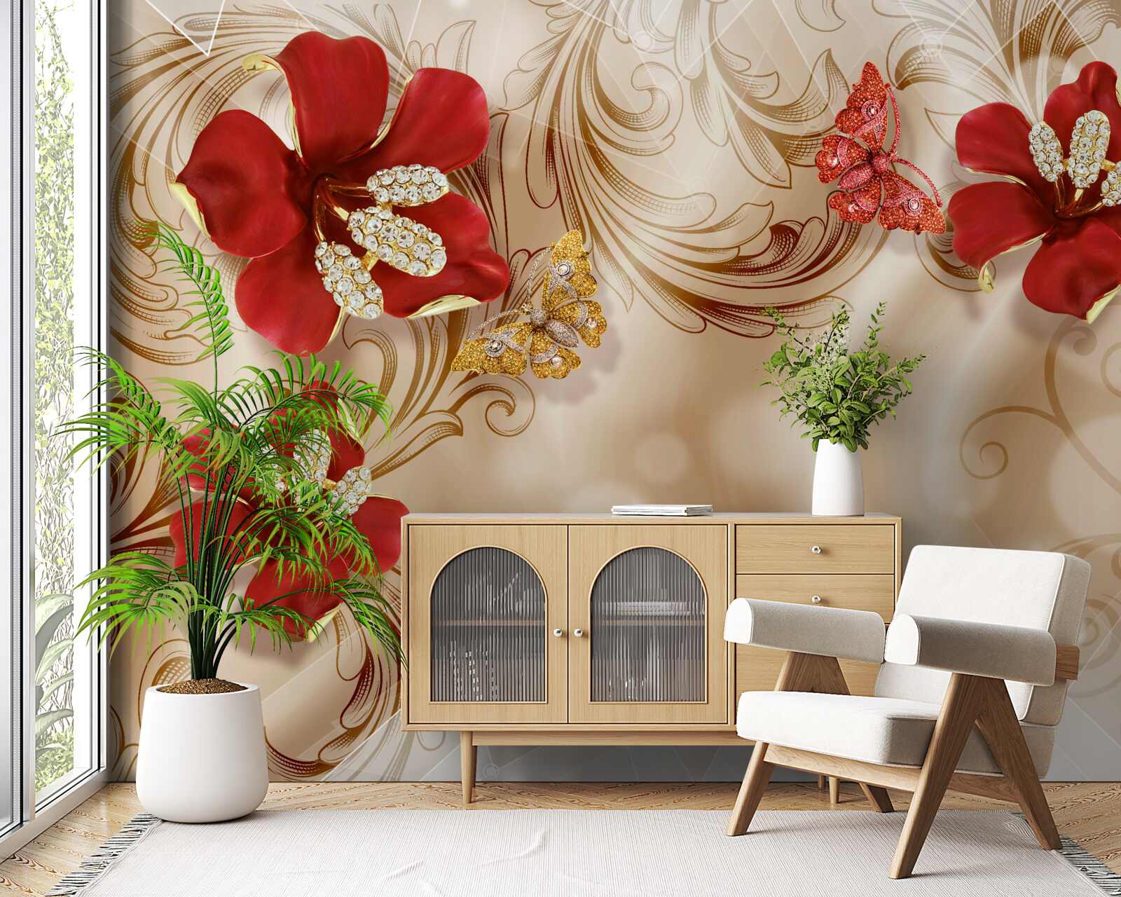 Papier peint des branches dorées et des lys rouges