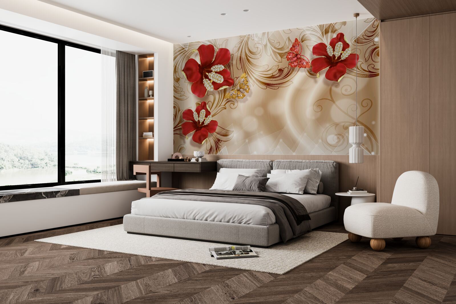 Papier peint des branches dorées et des lys rouges