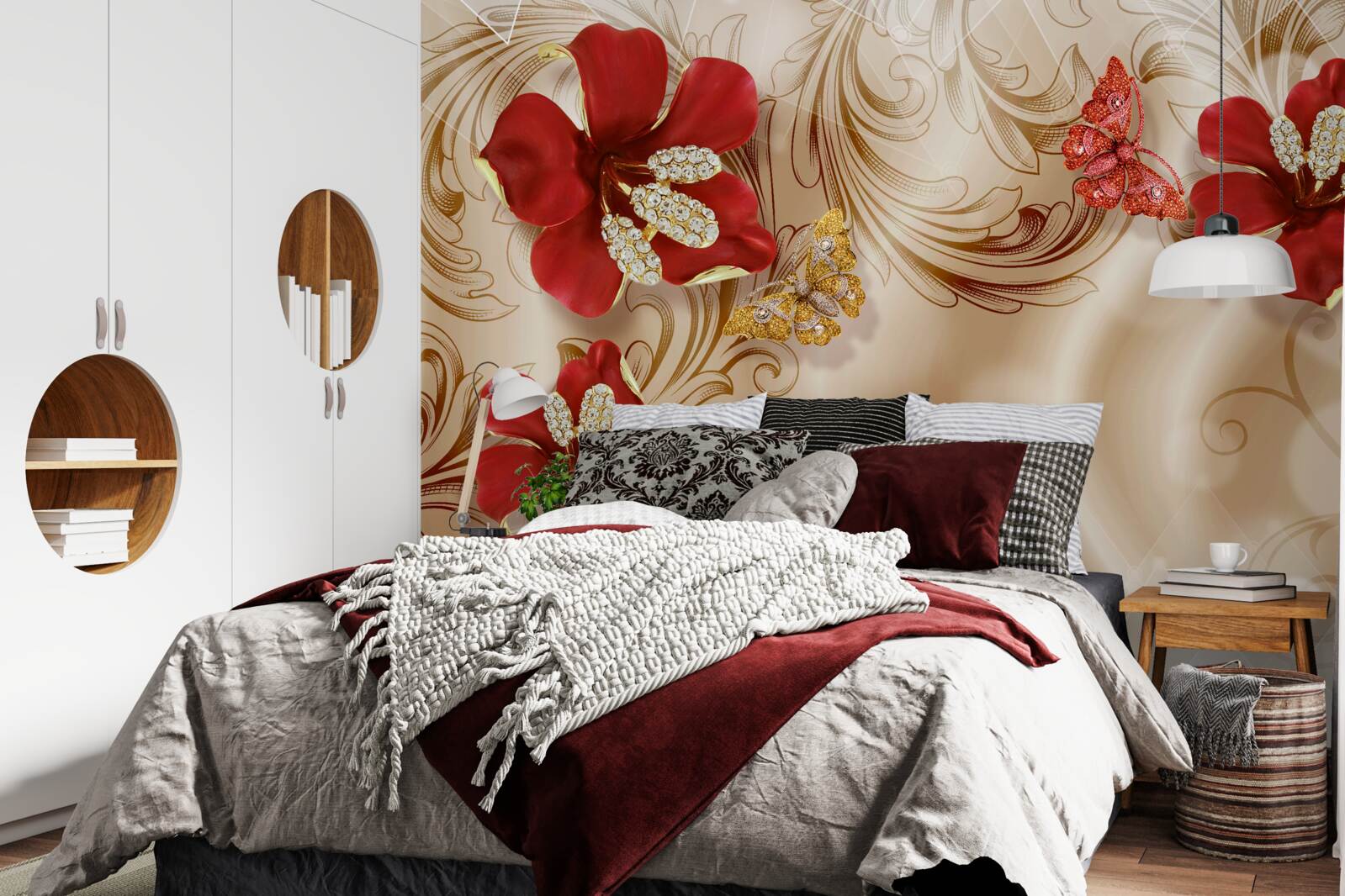 Papier peint des branches dorées et des lys rouges