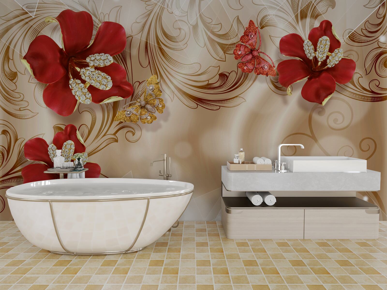 Papier peint des branches dorées et des lys rouges