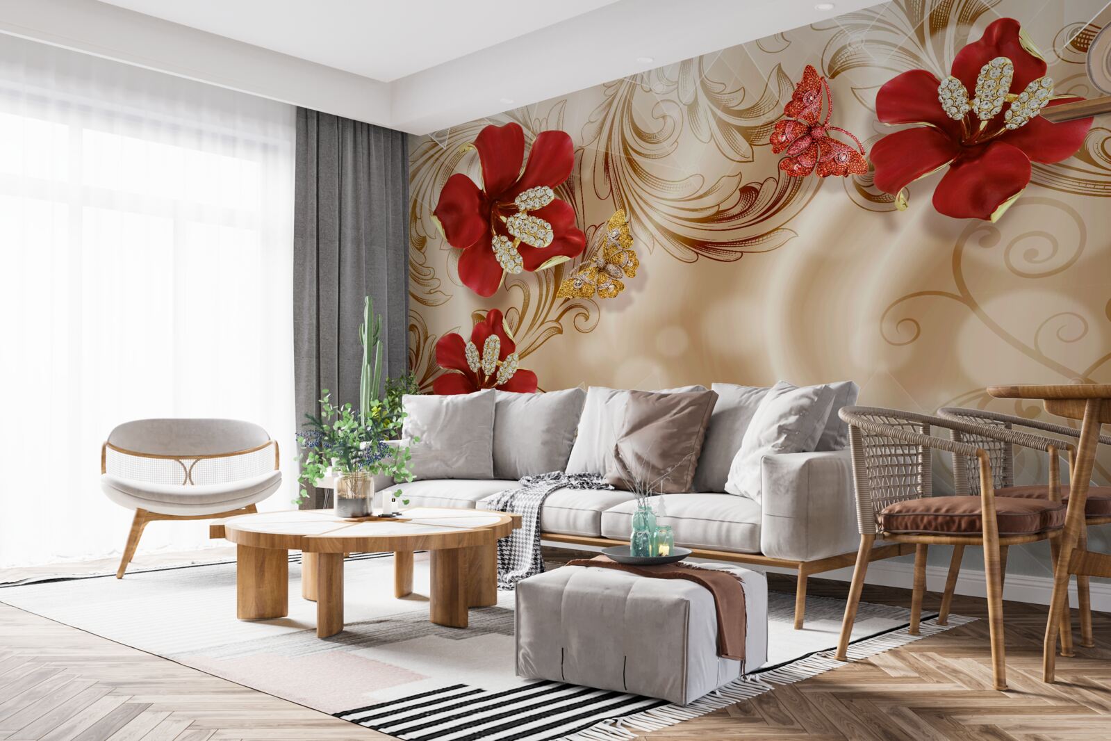 Papier peint des branches dorées et des lys rouges