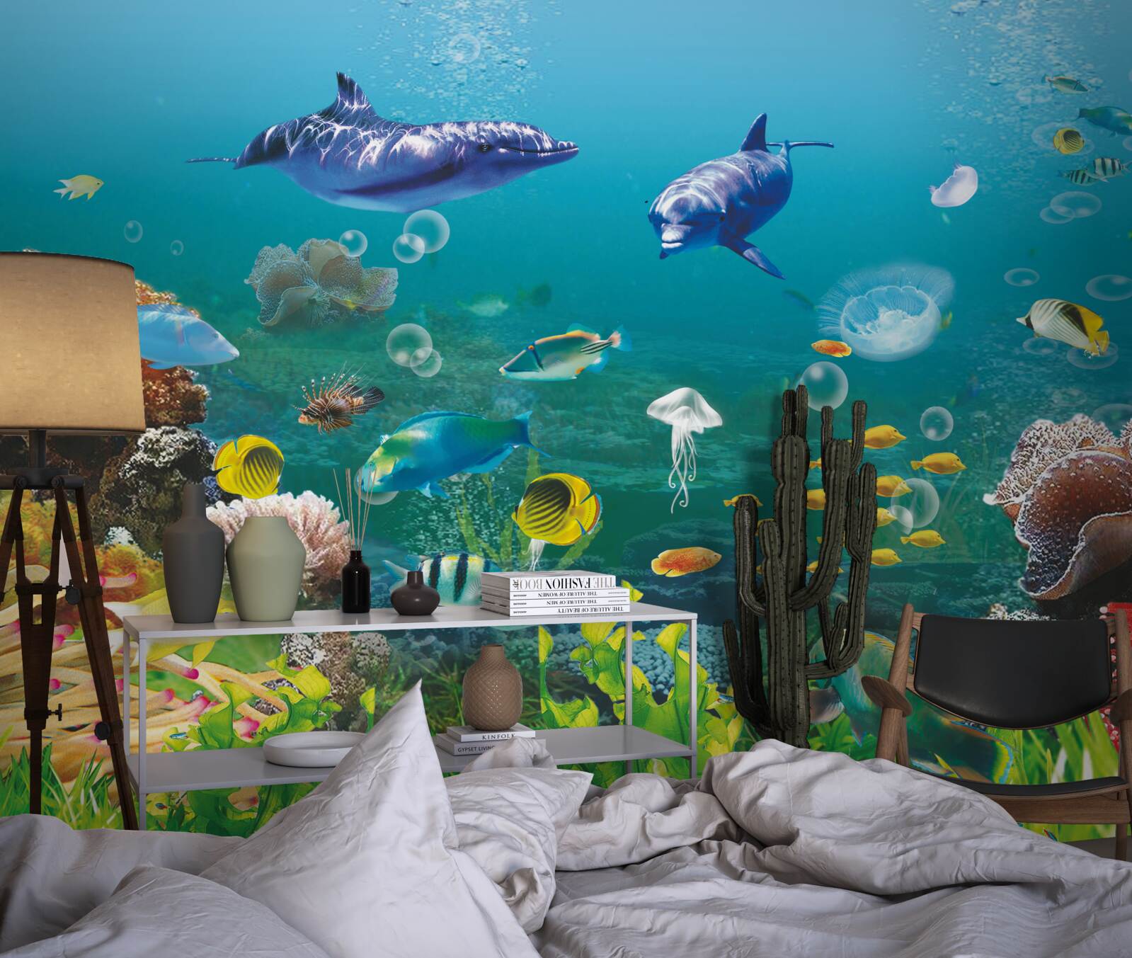 Papier peint habitants de la mer sur un fond verdâtre