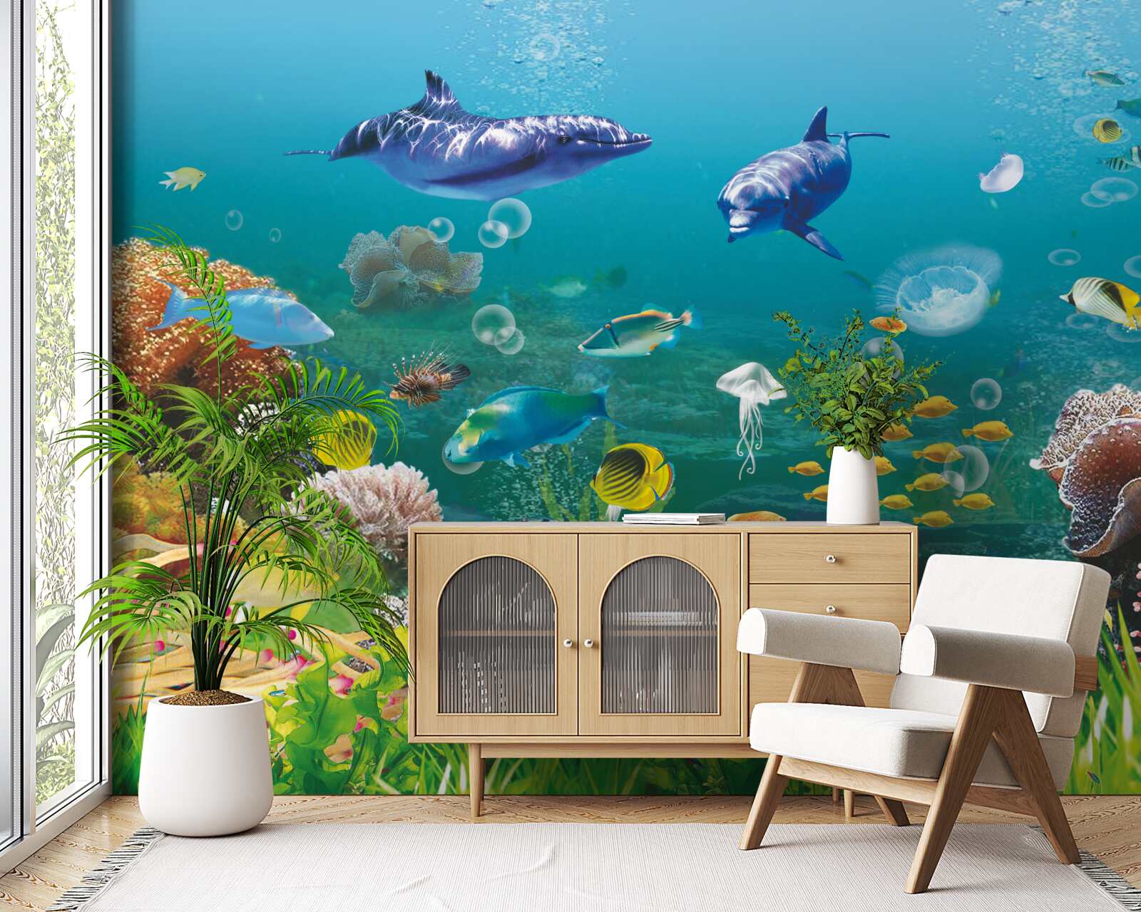 Papier peint habitants de la mer sur un fond verdâtre