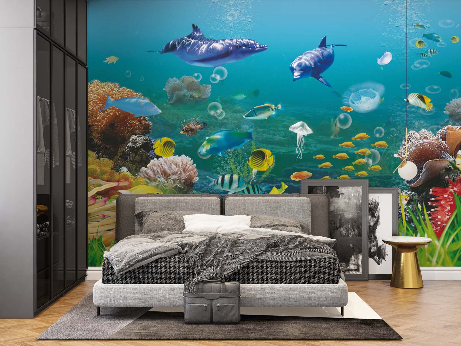 Papier peint habitants de la mer sur un fond verdâtre