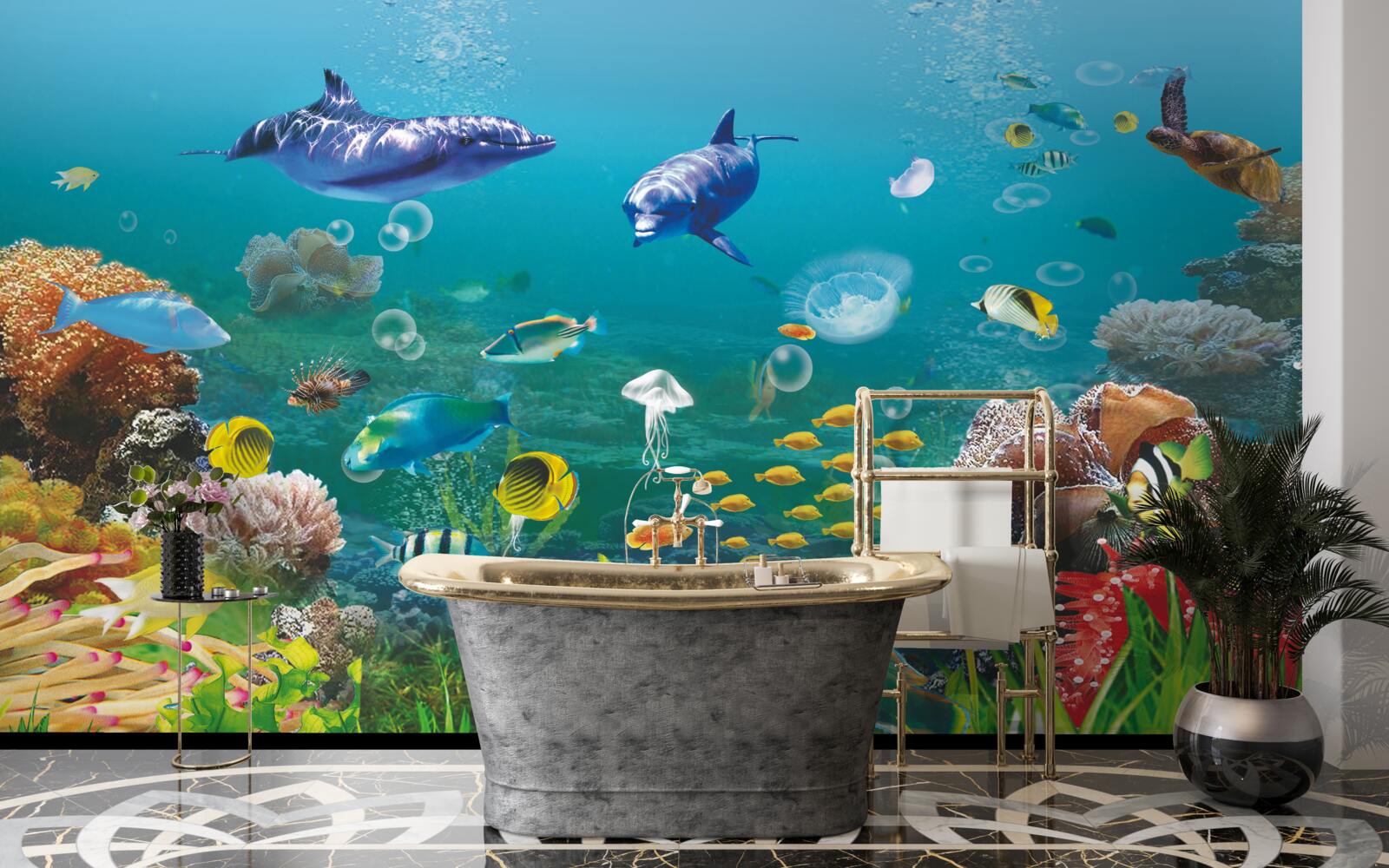 Papier peint habitants de la mer sur un fond verdâtre