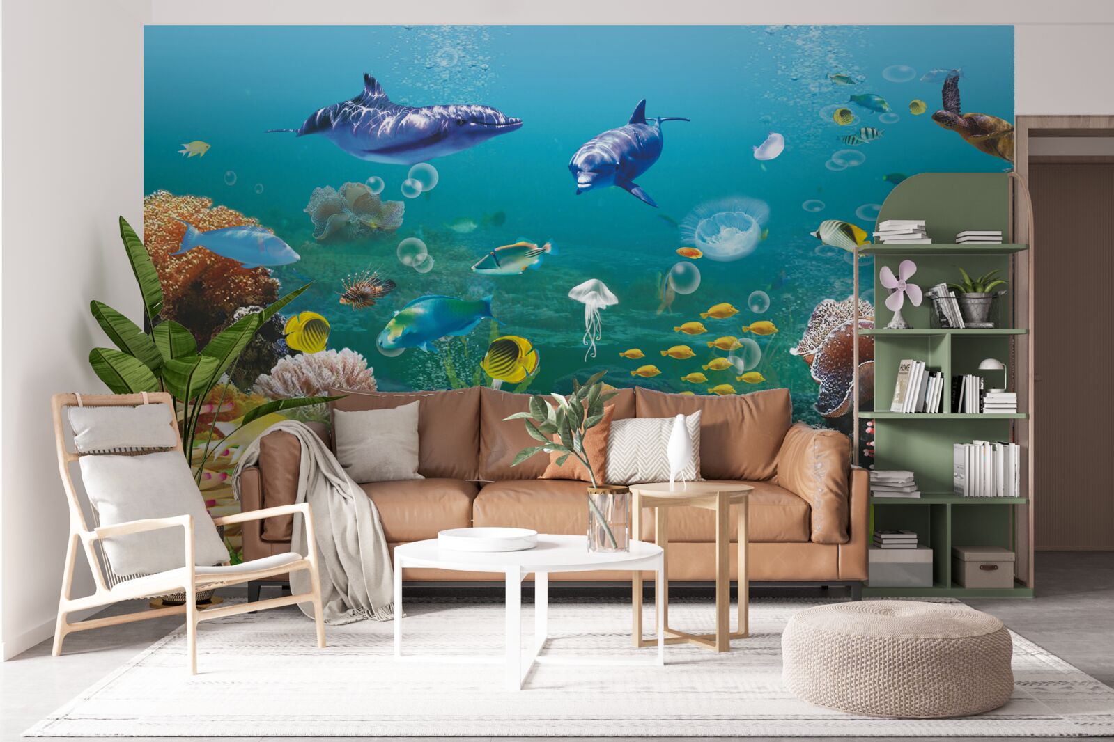 Papier peint habitants de la mer sur un fond verdâtre