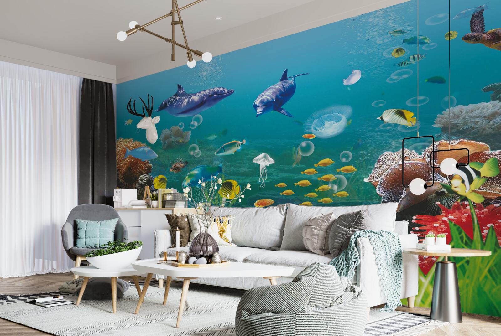 Papier peint habitants de la mer sur un fond verdâtre