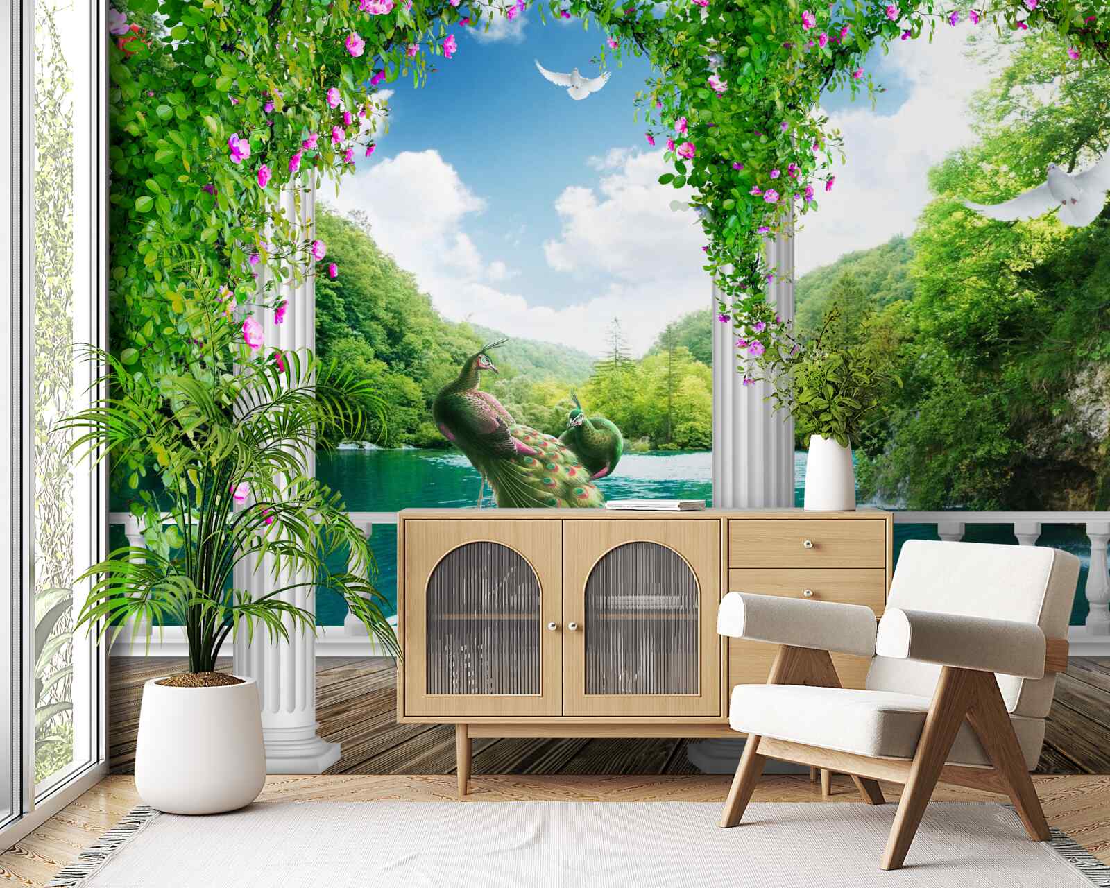 Papier peint colonnade au bord du lac, envahie par les broussailles