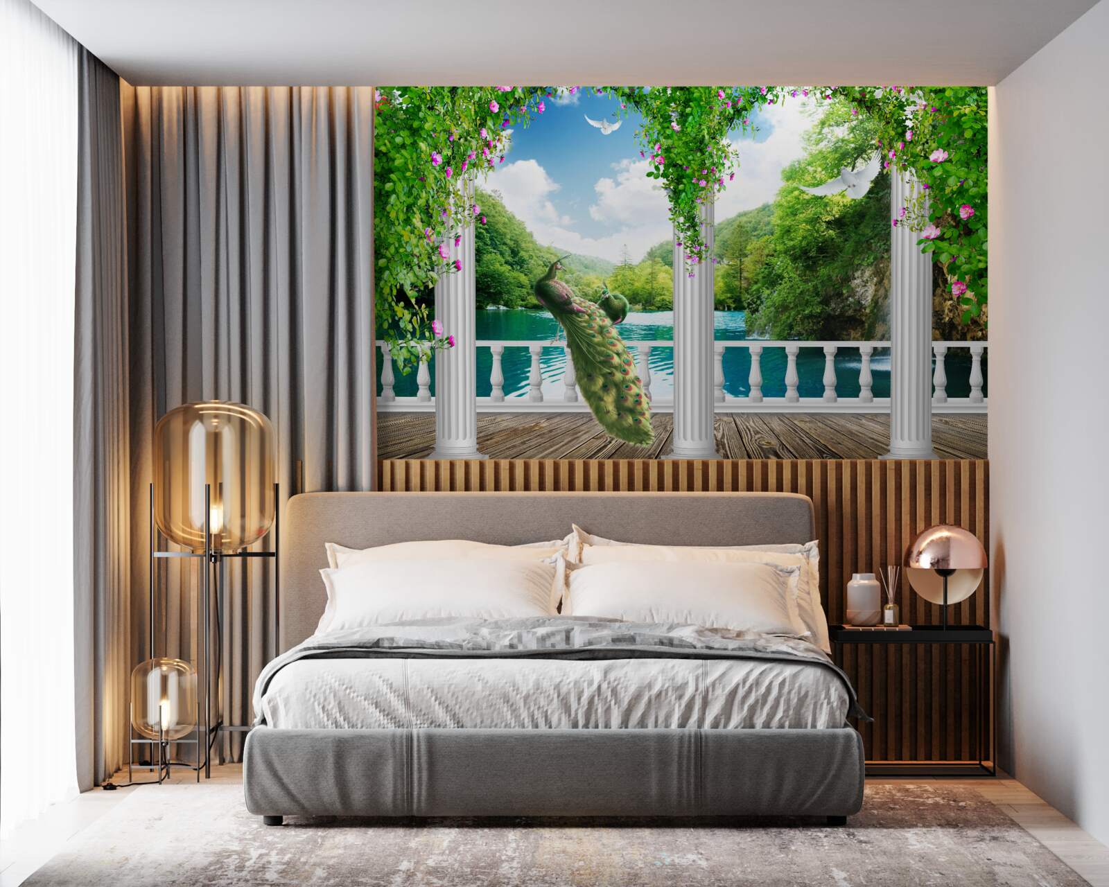 Papier peint colonnade au bord du lac, envahie par les broussailles