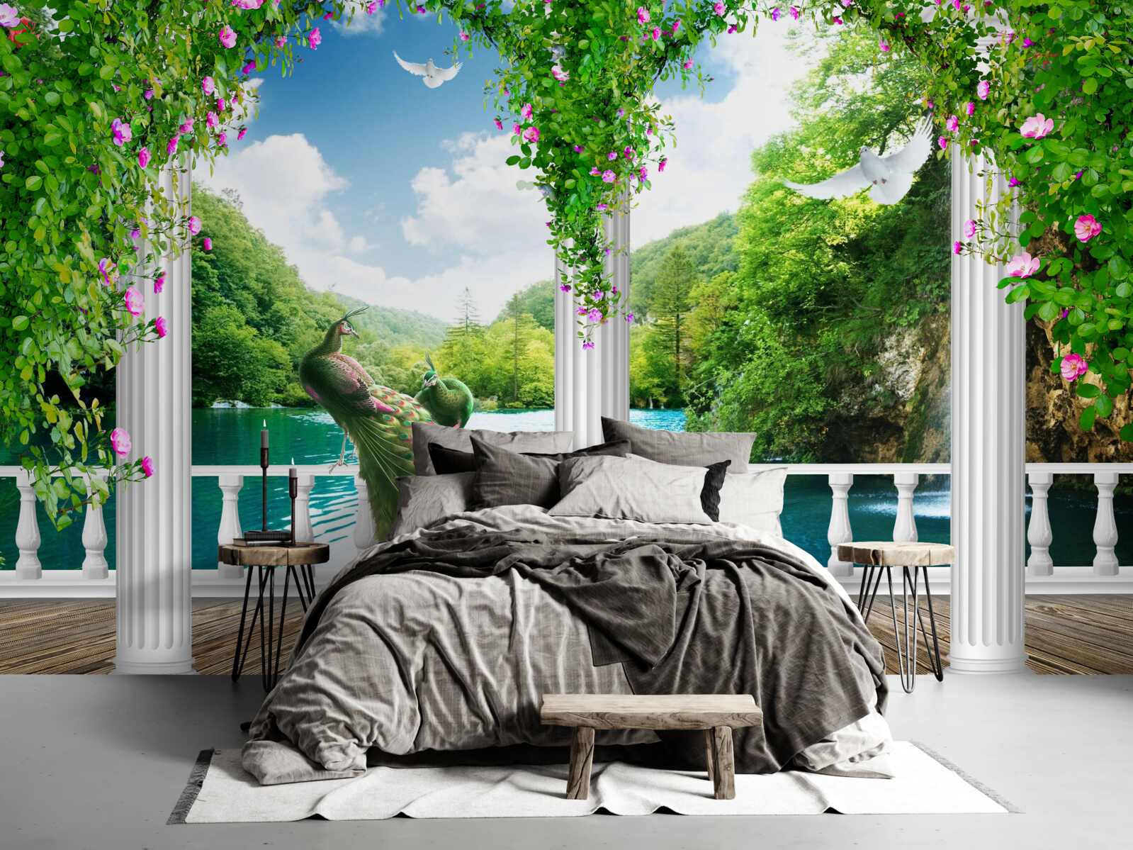 Papier peint colonnade au bord du lac, envahie par les broussailles