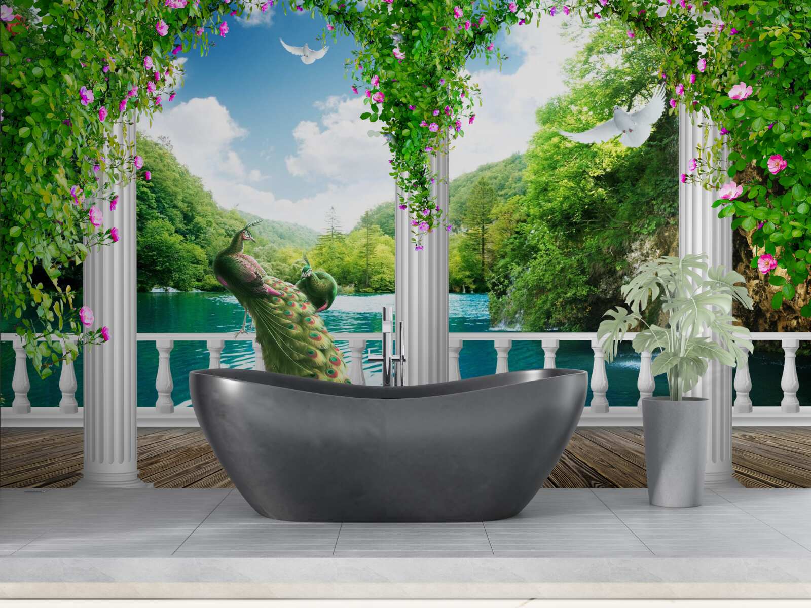 Papier peint colonnade au bord du lac, envahie par les broussailles