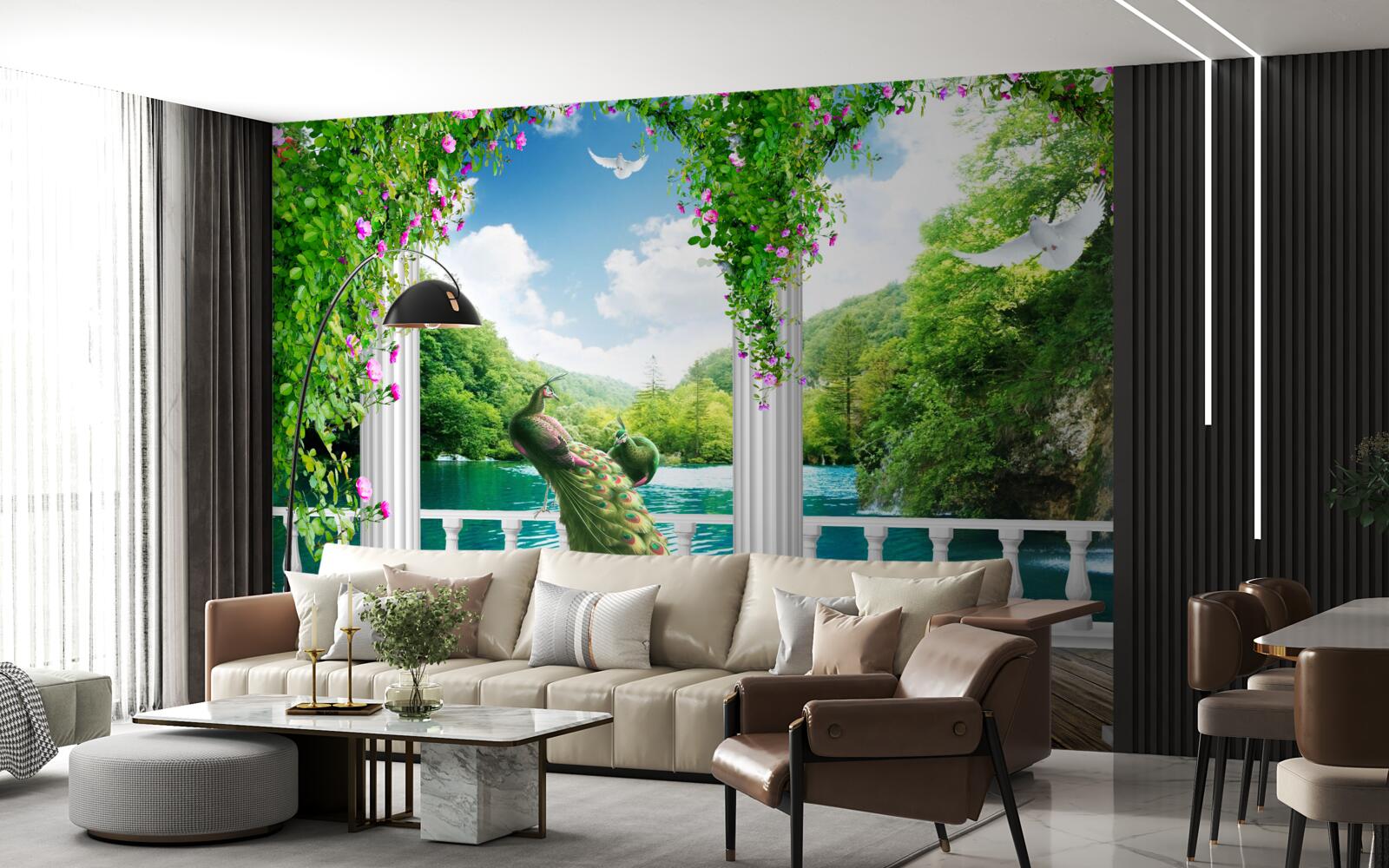 Papier peint colonnade au bord du lac, envahie par les broussailles