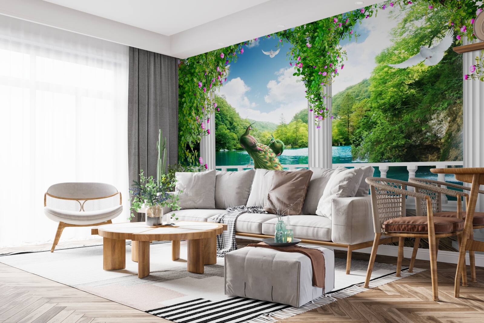 Papier peint colonnade au bord du lac, envahie par les broussailles