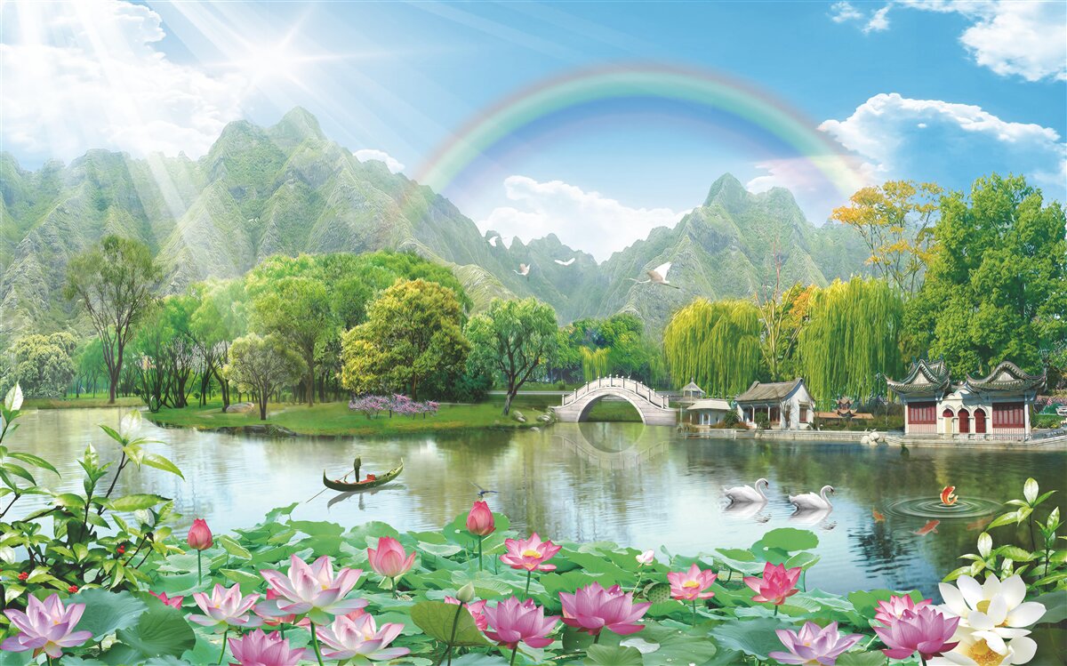 Papier peint paysage envoûtant de nature et d'arcs-en-ciel