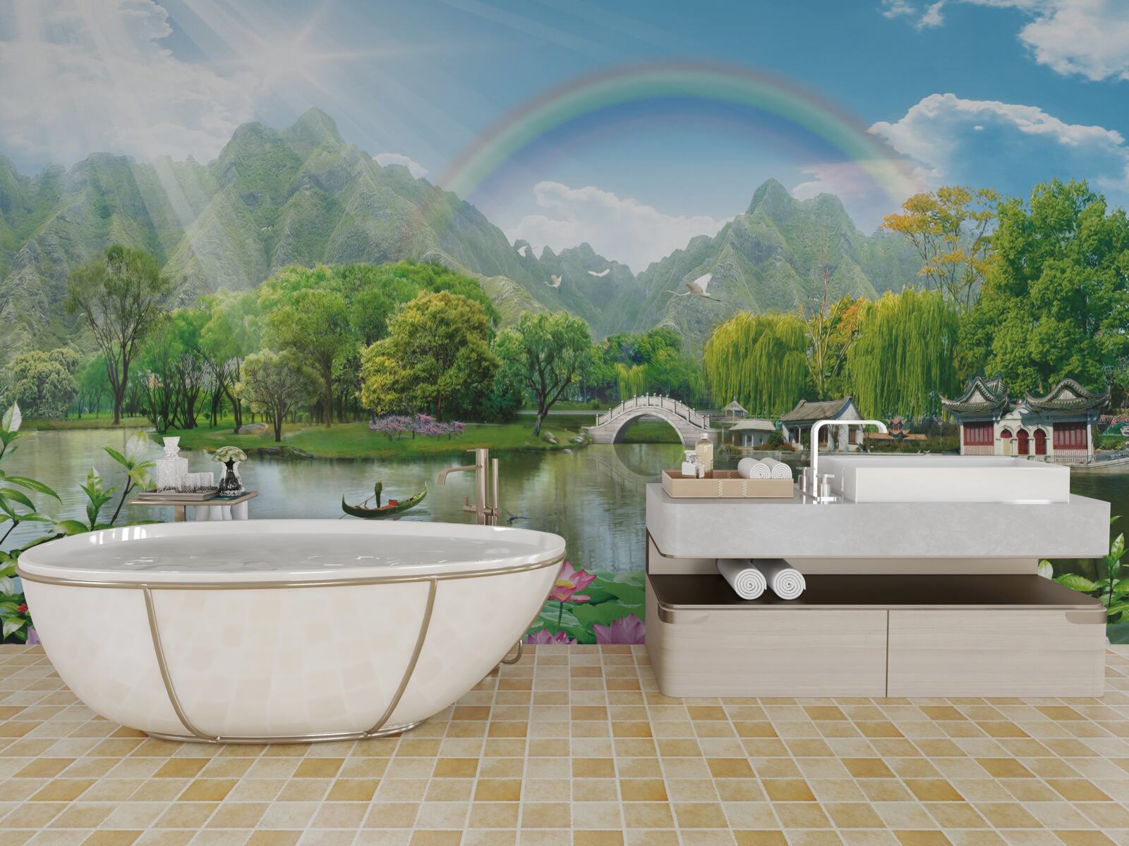 Papier peint paysage envoûtant de nature et d'arcs-en-ciel