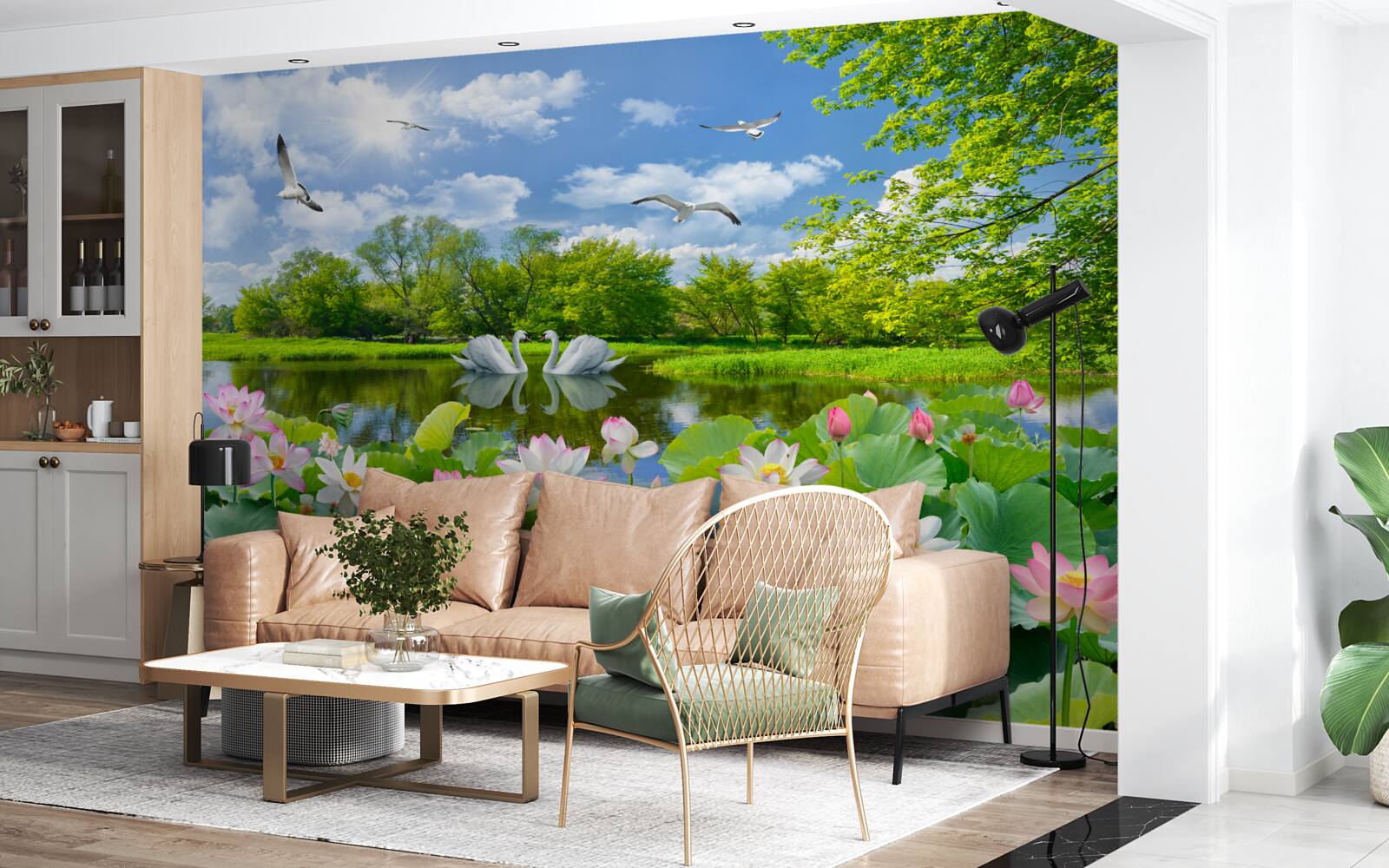 Papier peint deux cygnes nagent dans un étang avec des nénuphars