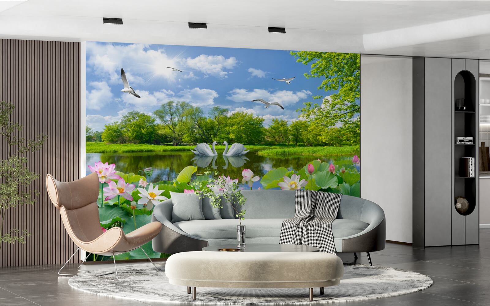 Papier peint deux cygnes nagent dans un étang avec des nénuphars