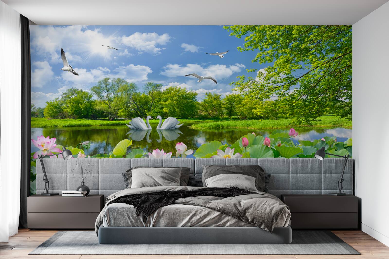 Papier peint deux cygnes nagent dans un étang avec des nénuphars