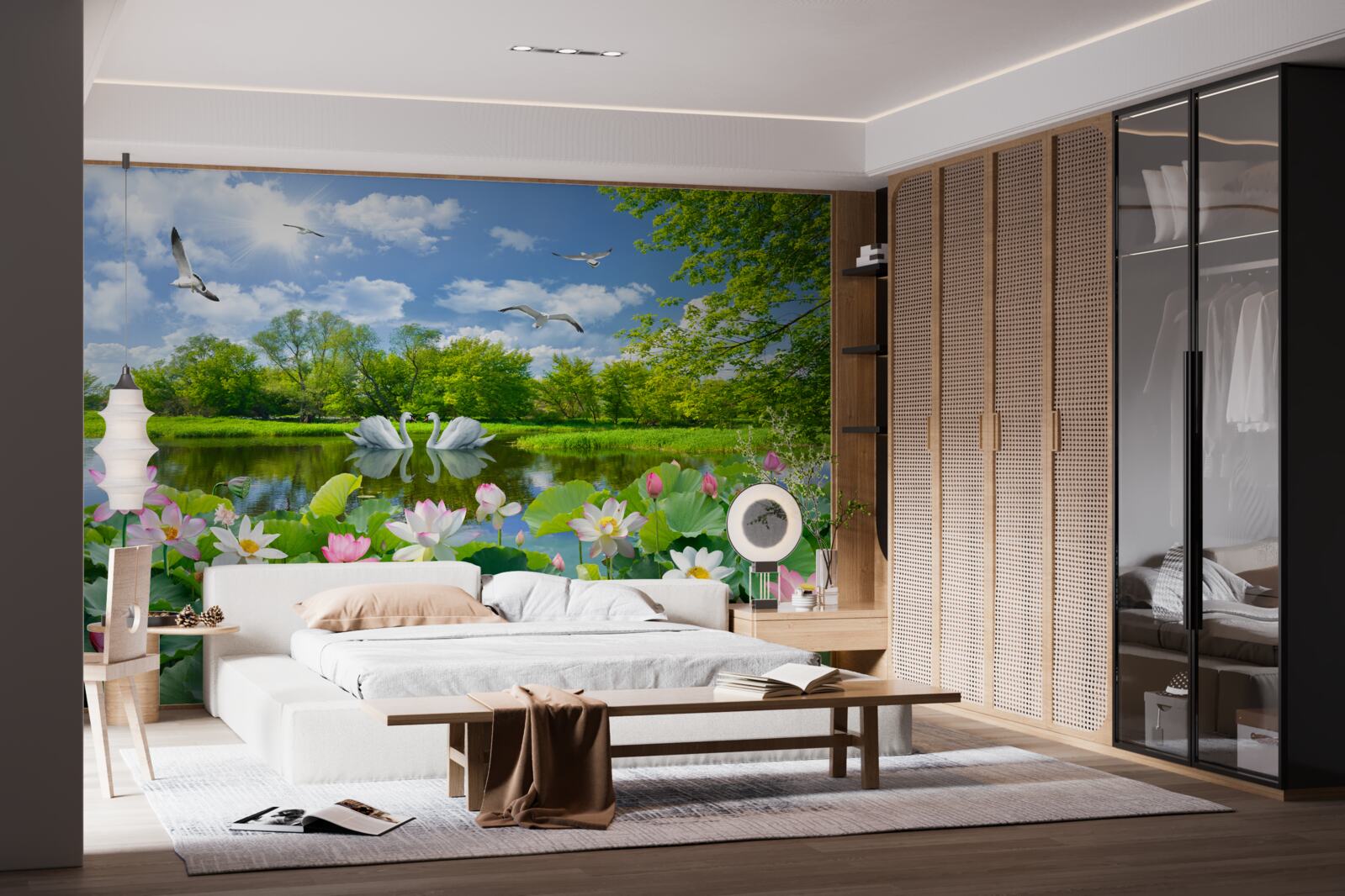 Papier peint deux cygnes nagent dans un étang avec des nénuphars