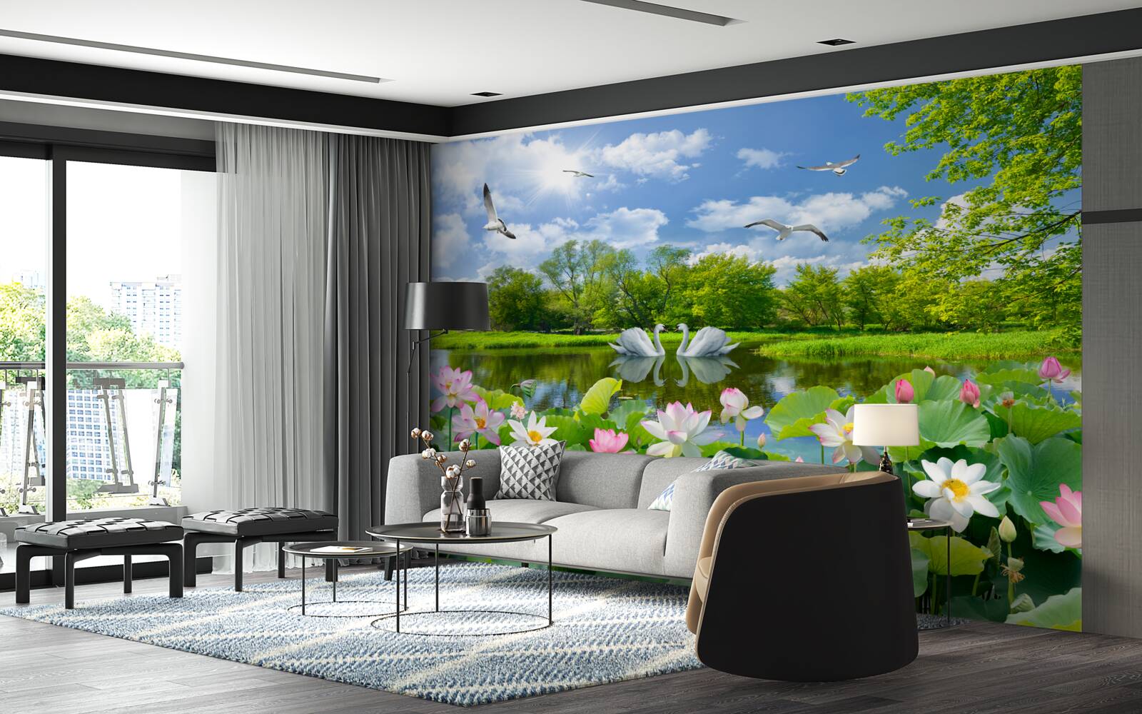 Papier peint deux cygnes nagent dans un étang avec des nénuphars