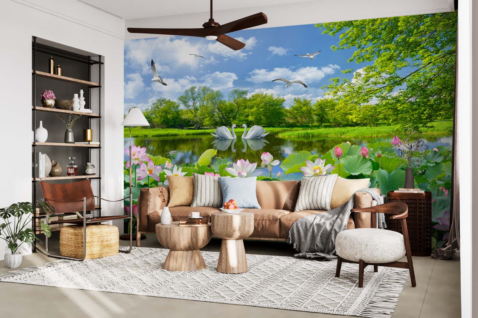Papier peint deux cygnes nagent dans un étang avec des nénuphars