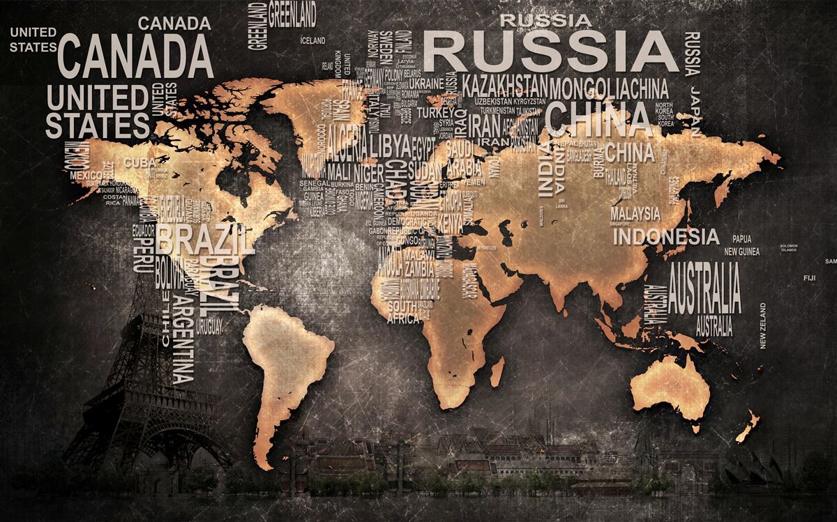 Papier peint carte du monde en couleurs foncées indiquant les noms des plus grands États