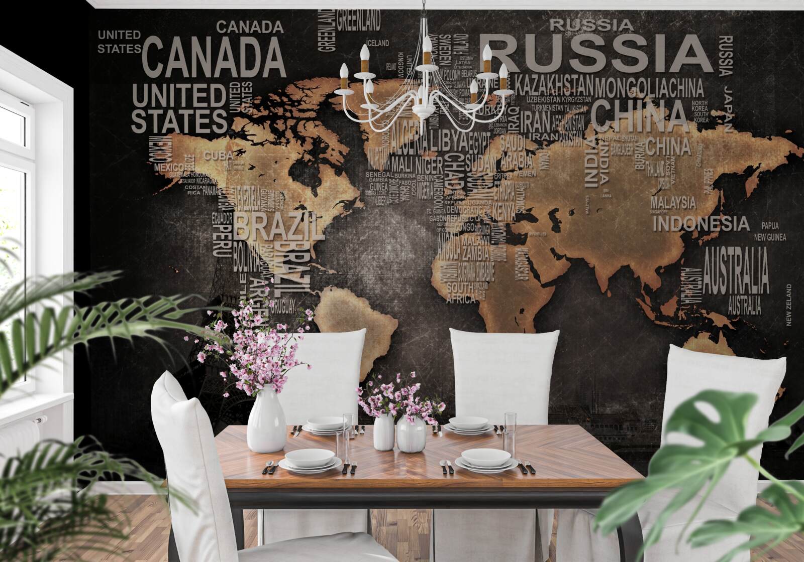 Papier peint carte du monde en couleurs foncées indiquant les noms des plus grands États