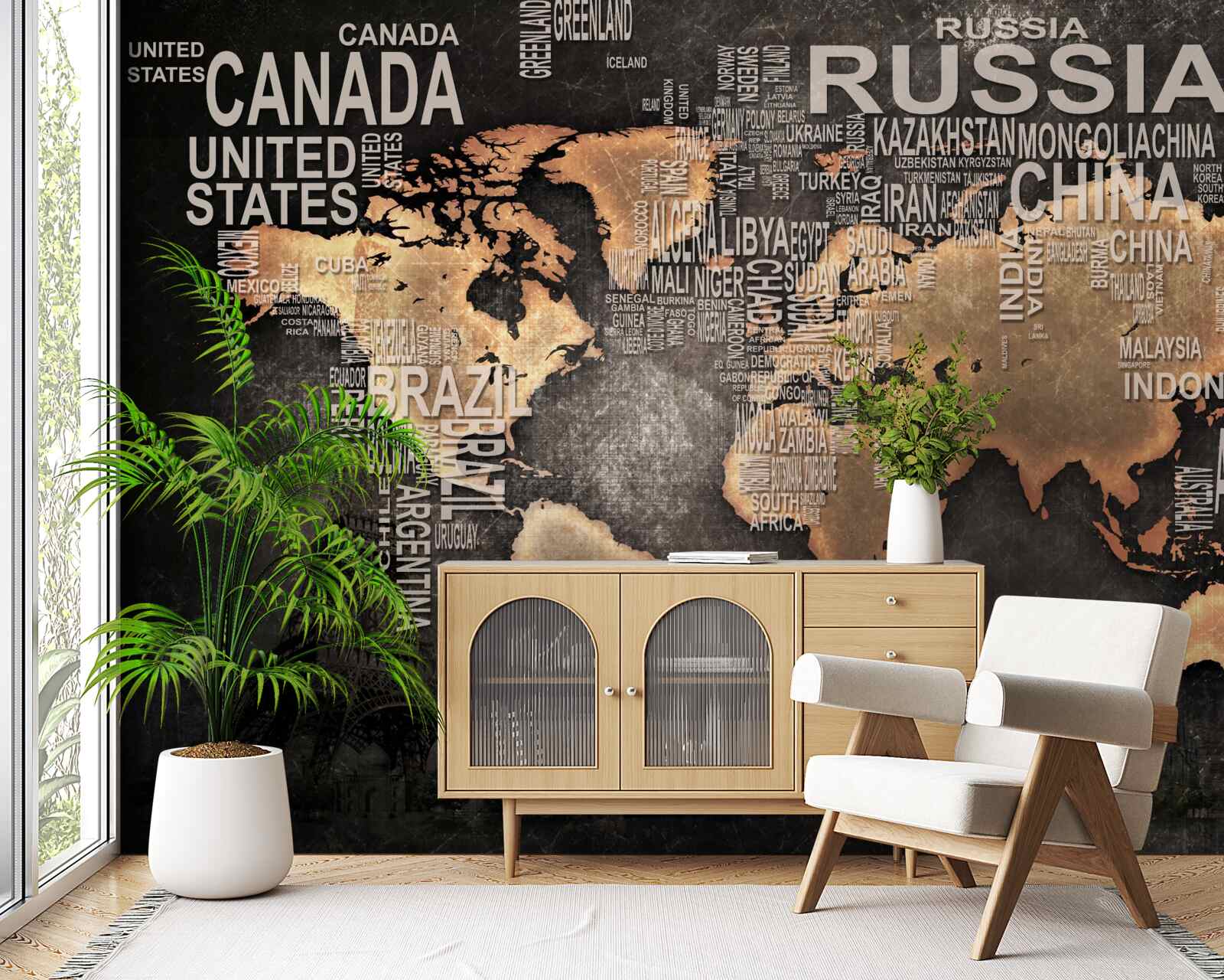 Papier peint carte du monde en couleurs foncées indiquant les noms des plus grands États