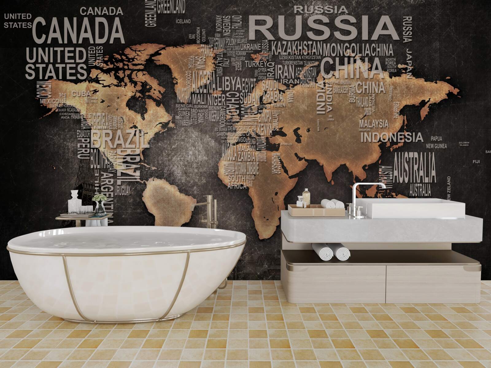 Papier peint carte du monde en couleurs foncées indiquant les noms des plus grands États