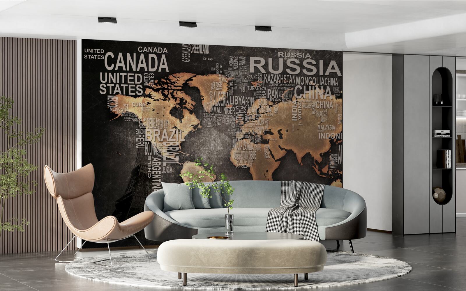 Papier peint carte du monde en couleurs foncées indiquant les noms des plus grands États