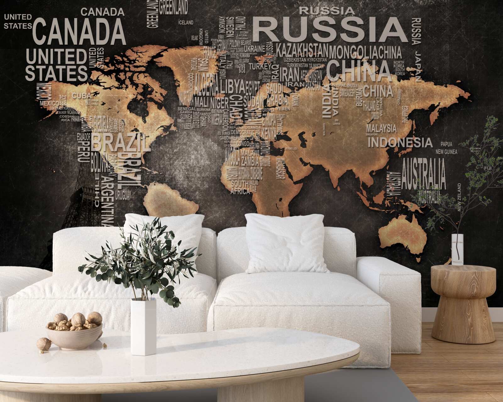 Papier peint carte du monde en couleurs foncées indiquant les noms des plus grands États