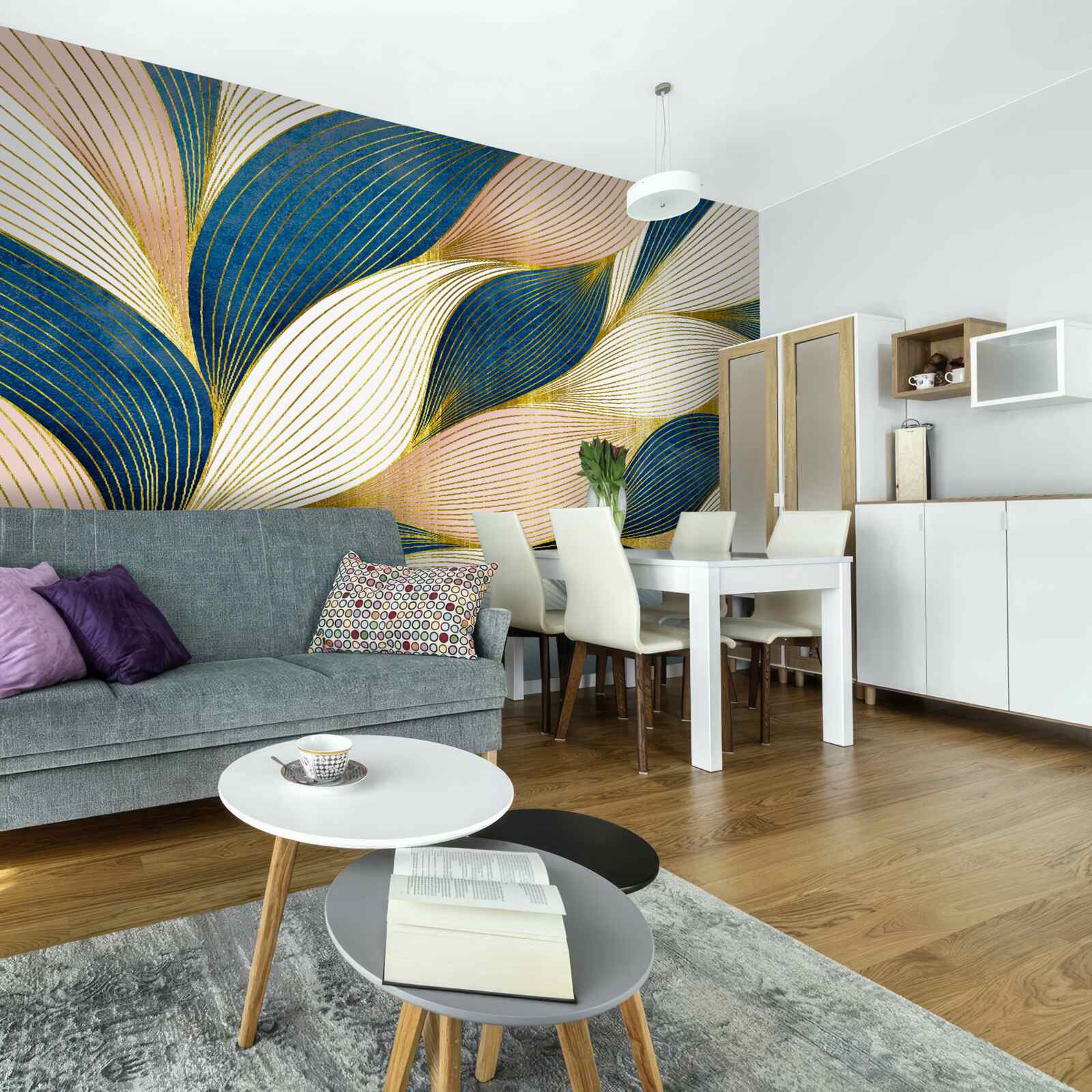 Papier peint feuilles tressées bleu et or