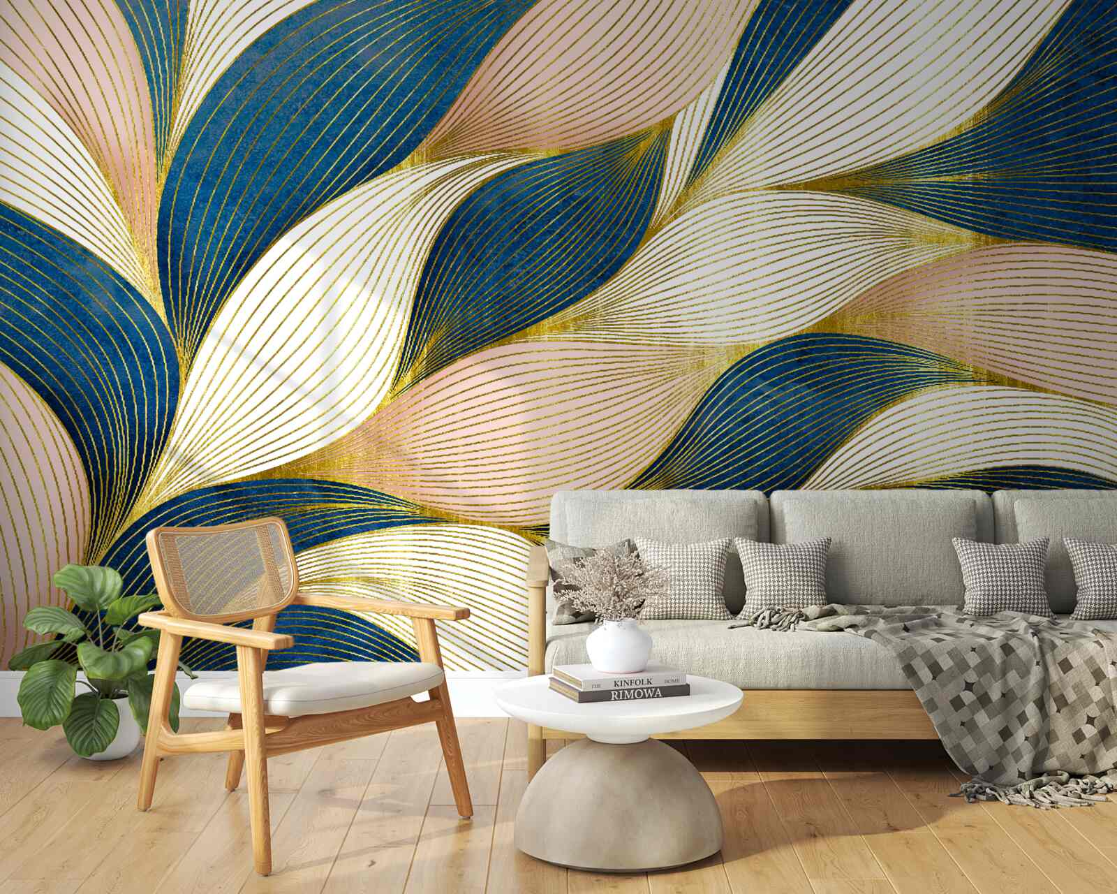 Papier peint feuilles tressées bleu et or