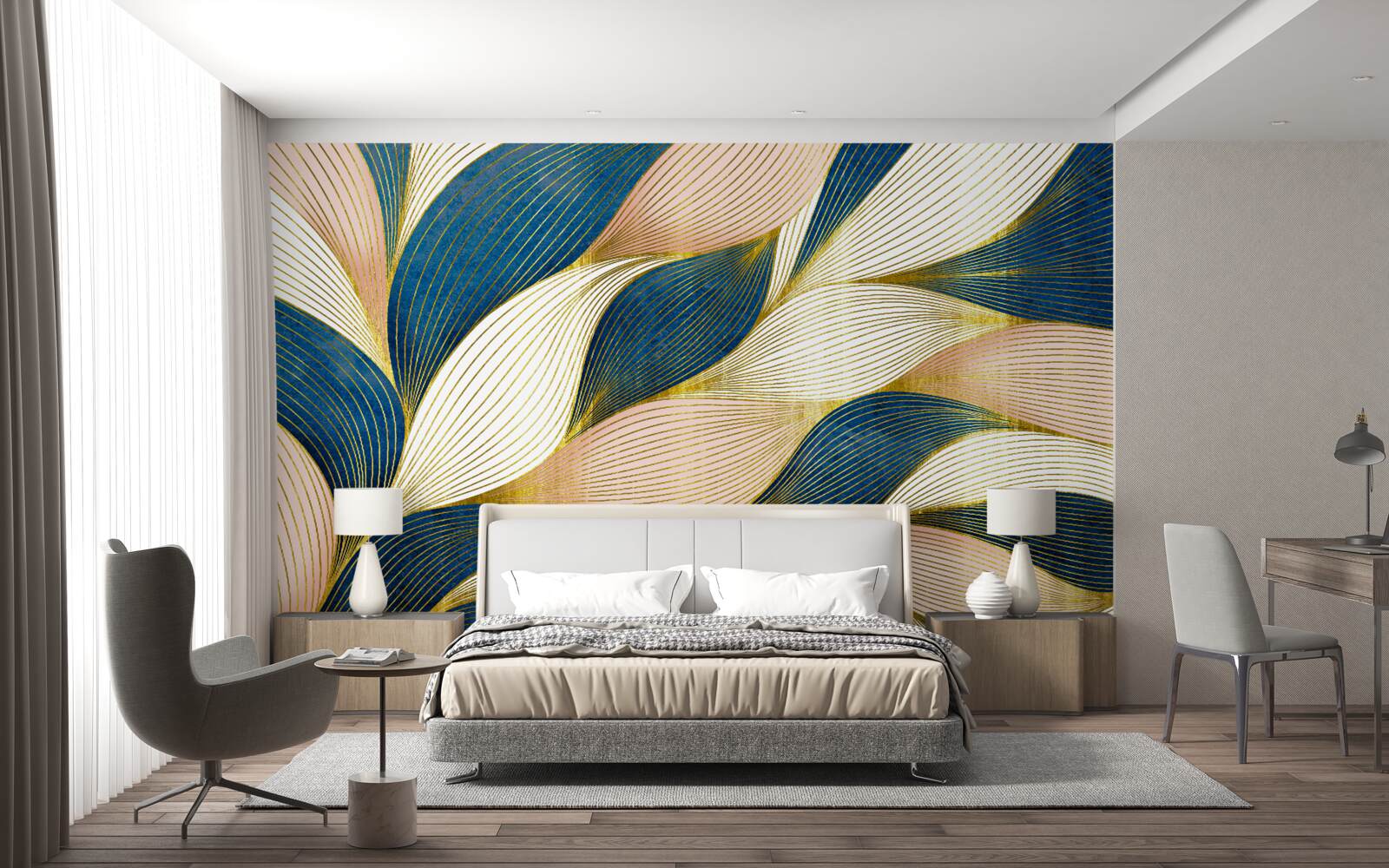 Papier peint feuilles tressées bleu et or