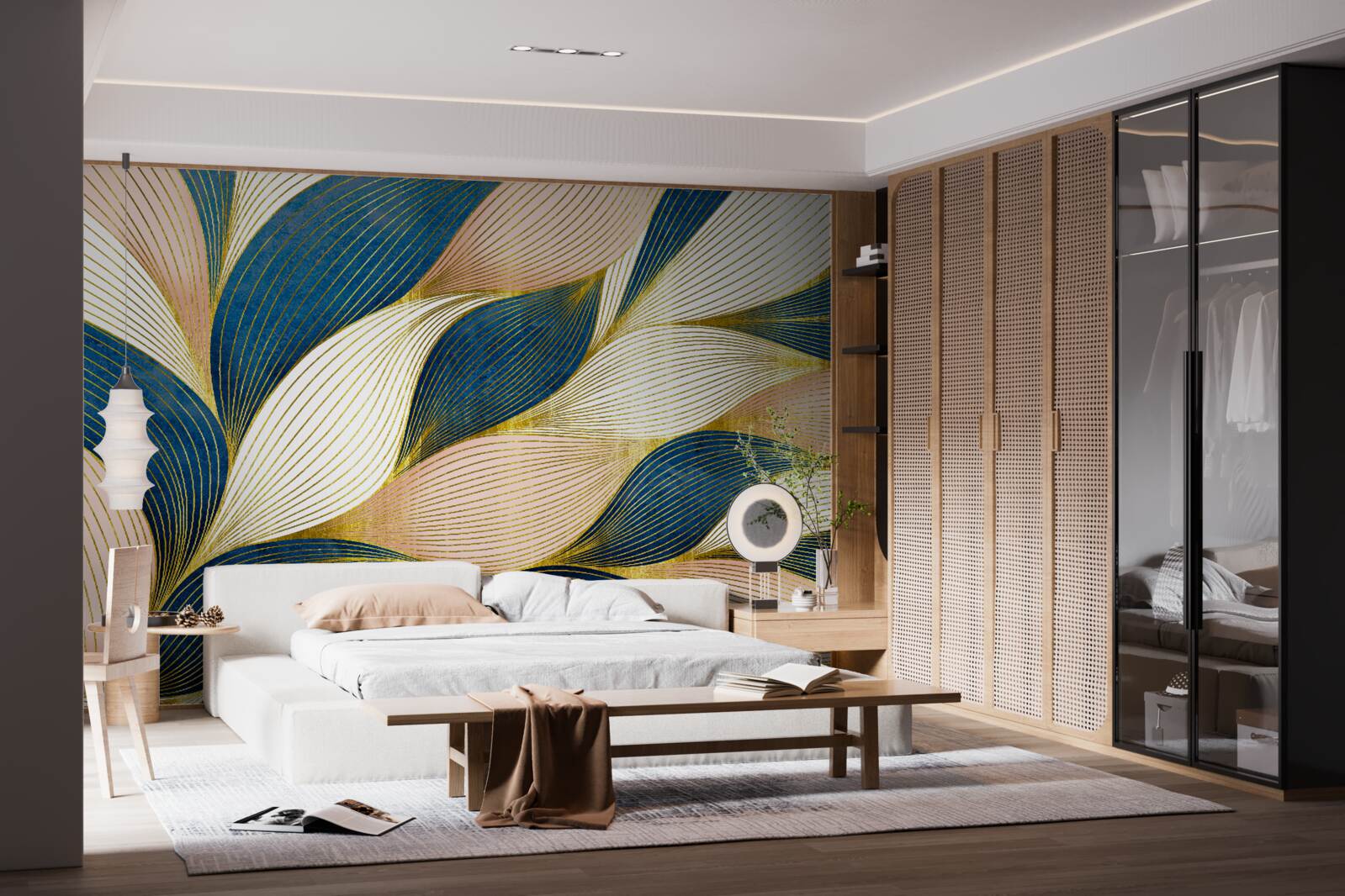 Papier peint feuilles tressées bleu et or