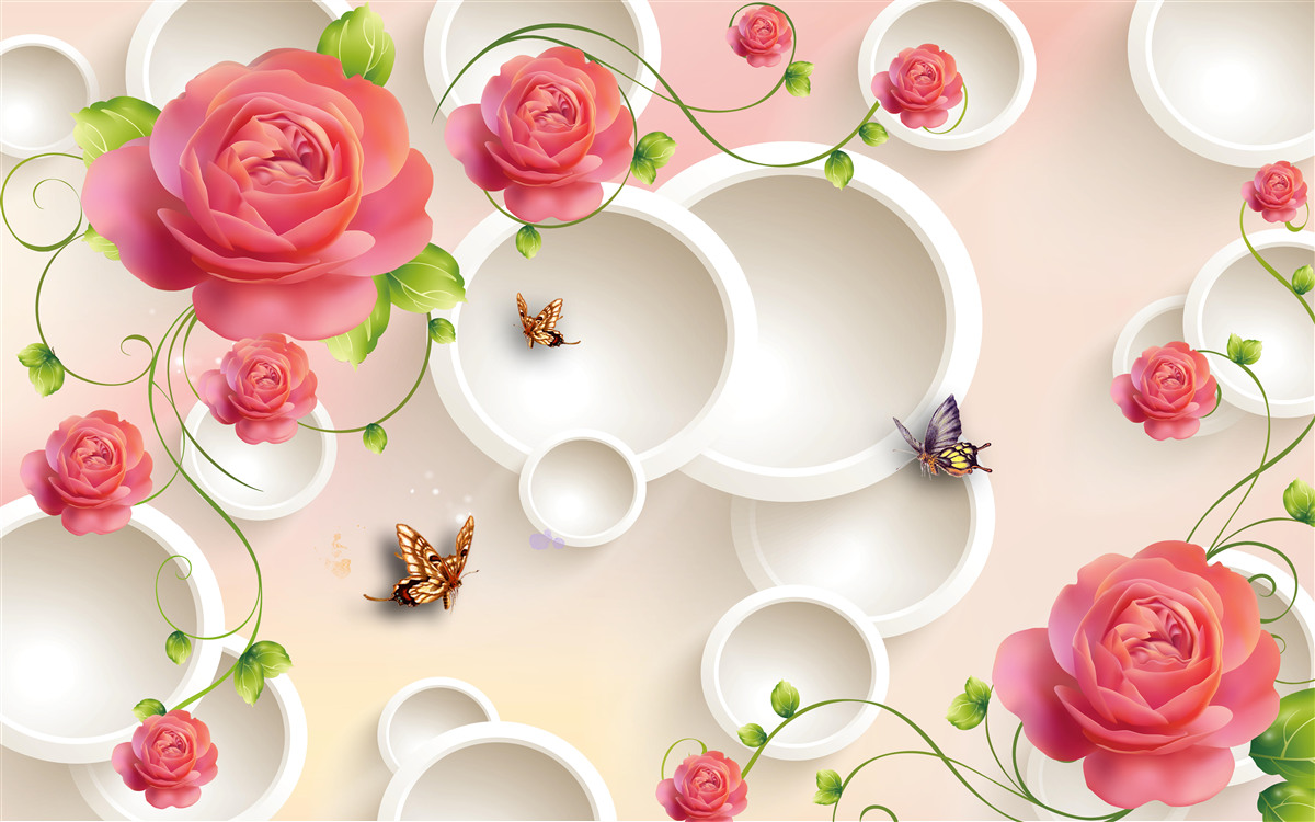 Papier peint fleurs de roses écarlates et cercles blancs