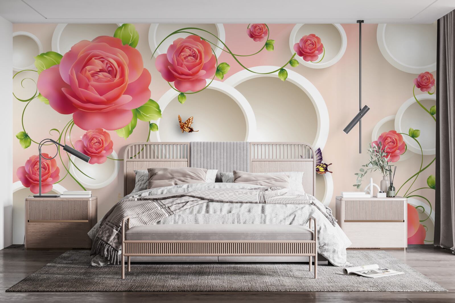 Papier peint fleurs de roses écarlates et cercles blancs